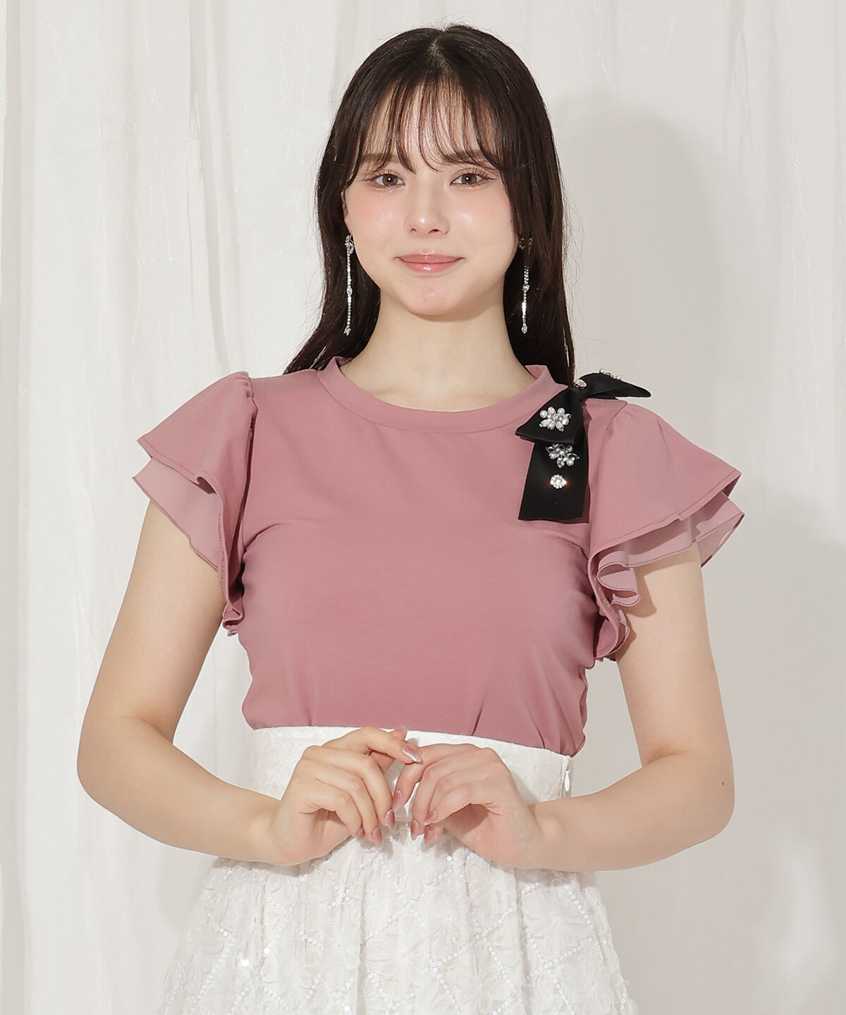 WILLSELECTION「ビジューリボン付き袖フリルプルオーバー」|Tシャツ・カットソー|