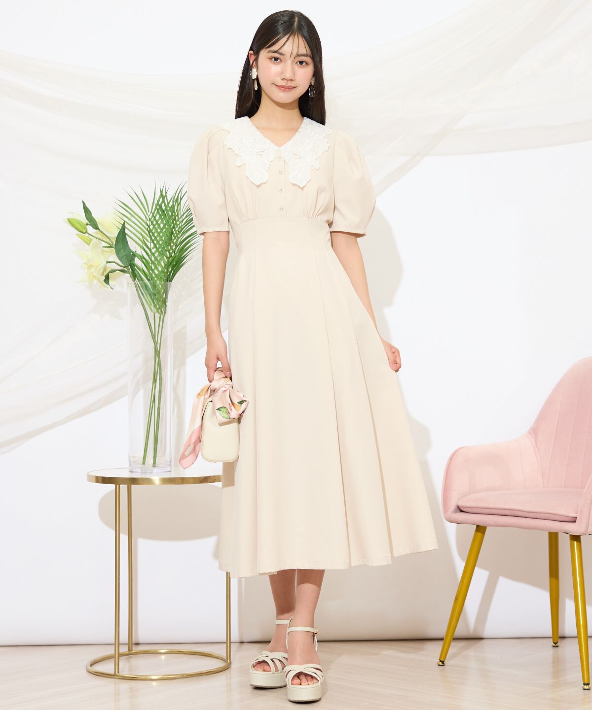 WILLSELECTION「タックウエストレース襟ワンピース」|ワンピース|ベージュ