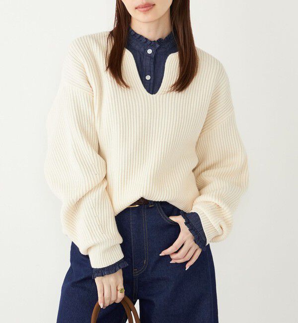 SHIPS Colors 「SHIPS Colors:〈手洗い可能〉畦 スキッパー ニット◇」|ニット・セーター|オフホワイト