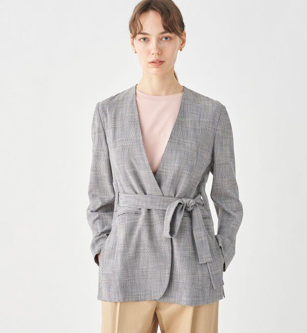 TOMORROWLAND collection「シャイニーグレンチェック サイドスリットジャケット」|ノーカラージャケット|