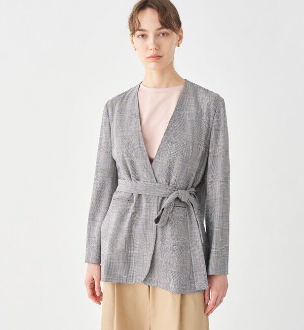 TOMORROWLAND collection「シャイニーグレンチェック サイドスリットジャケット」|ノーカラージャケット|