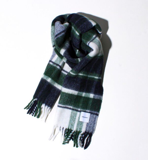 GLOSTER「ウール混ブークレ 大判チェックマフラー」|マフラー|グリーン系1