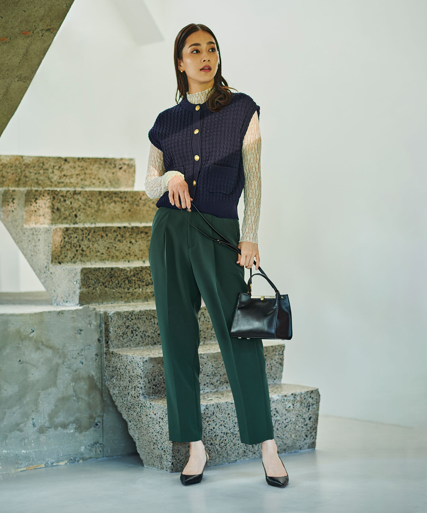 ROPE「メタルボタンケーブルニットベスト」|ベスト・ジレ|