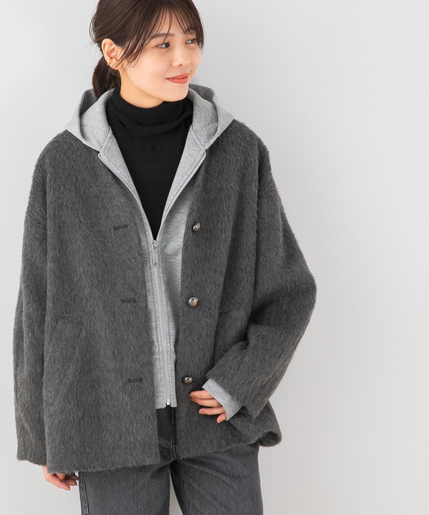 URBAN RESEARCH ROSSO「F by ROSSO　『UR TECH』シャギーノーカラーコート」|ノーカラージャケット|