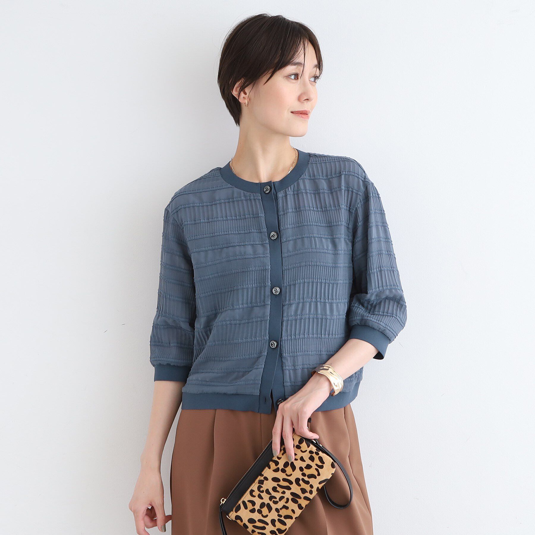 INDIVI「【洗える／SETUP可能】シャーリングクロップド丈カーディガンブラウス」|カーディガン|