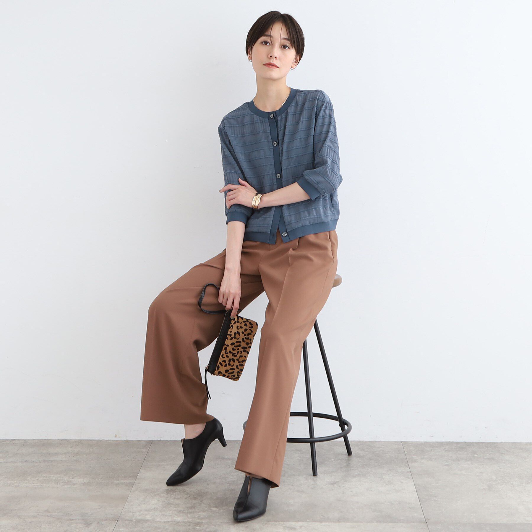 INDIVI「【洗える／SETUP可能】シャーリングクロップド丈カーディガンブラウス」|カーディガン|