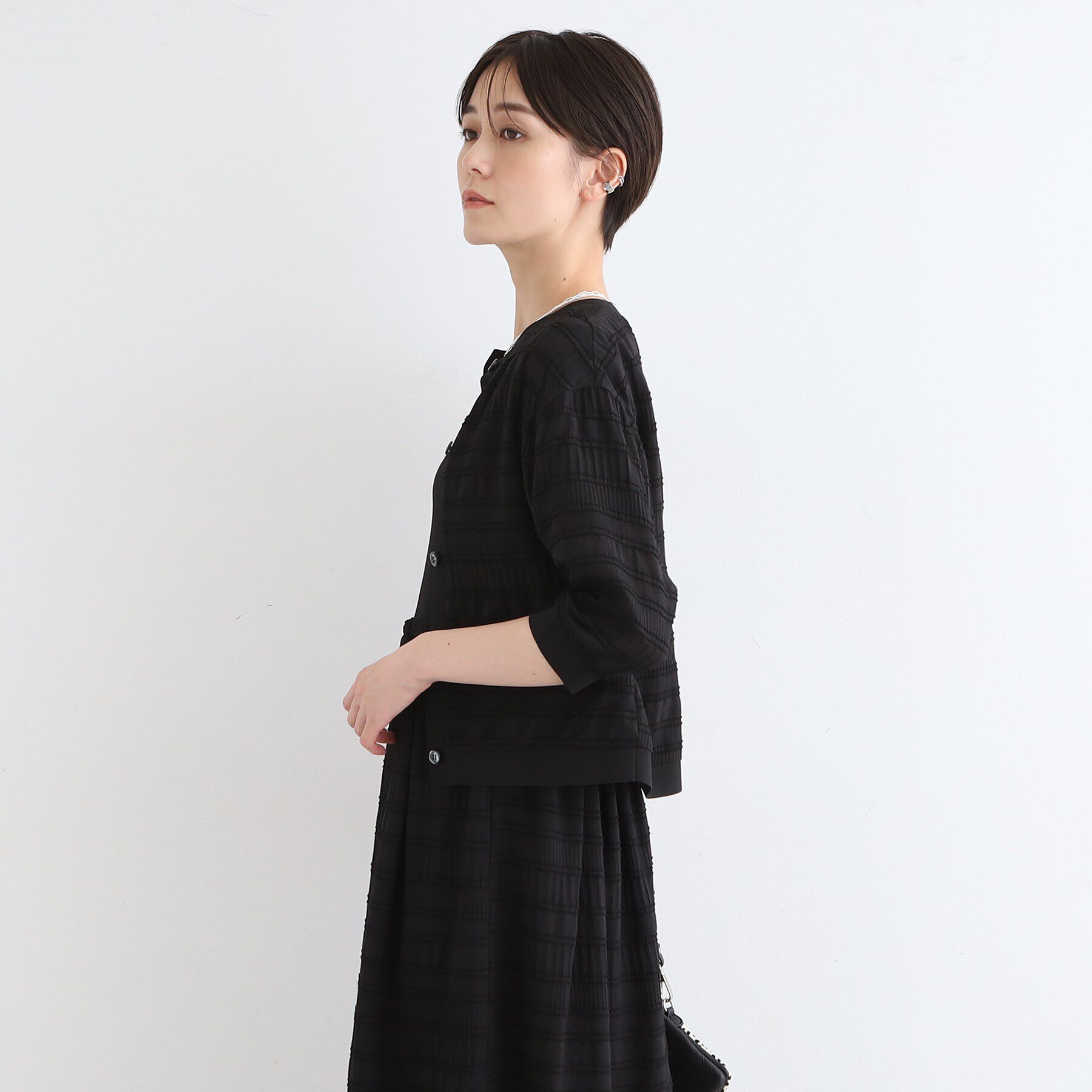 INDIVI「【洗える／SETUP可能】シャーリングクロップド丈カーディガンブラウス」|カーディガン|