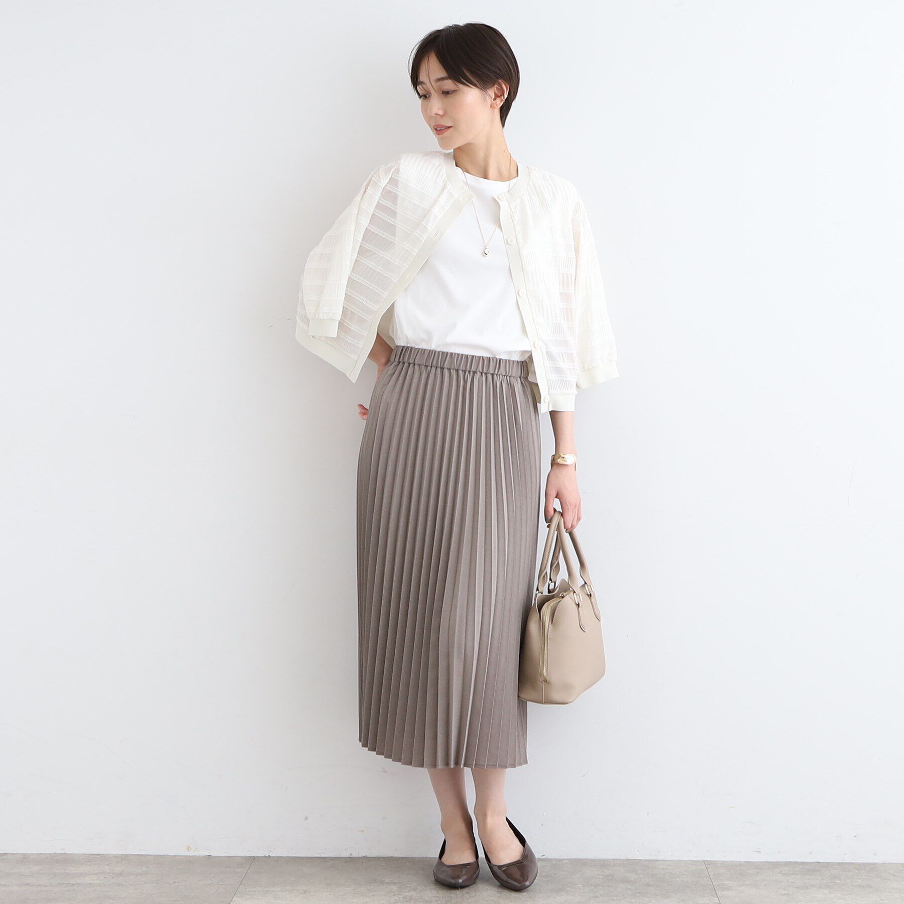 INDIVI「【洗える／SETUP可能】シャーリングクロップド丈カーディガンブラウス」|カーディガン|