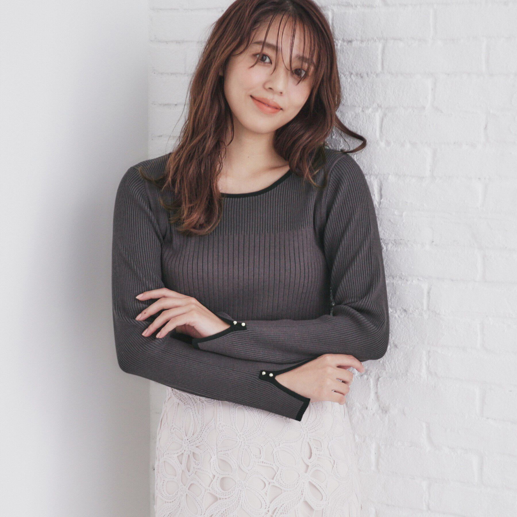 index「スリットスリーブバイカラーリブニット【洗濯機洗い可】」|ニット・セーター|チャコールグレー(5