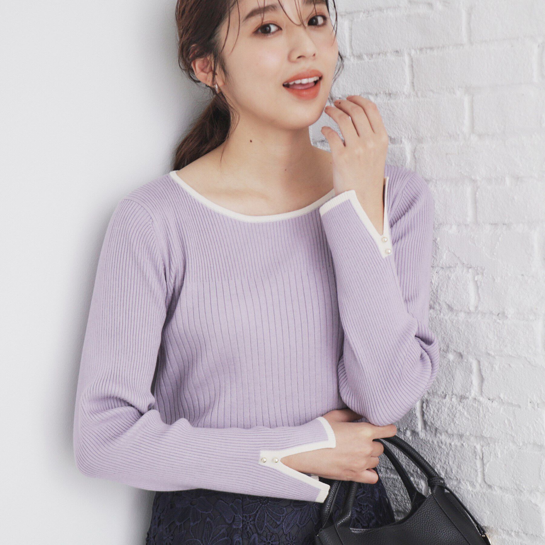 index「スリットスリーブバイカラーリブニット【洗濯機洗い可】」|ニット・セーター|ラベンダー(580)