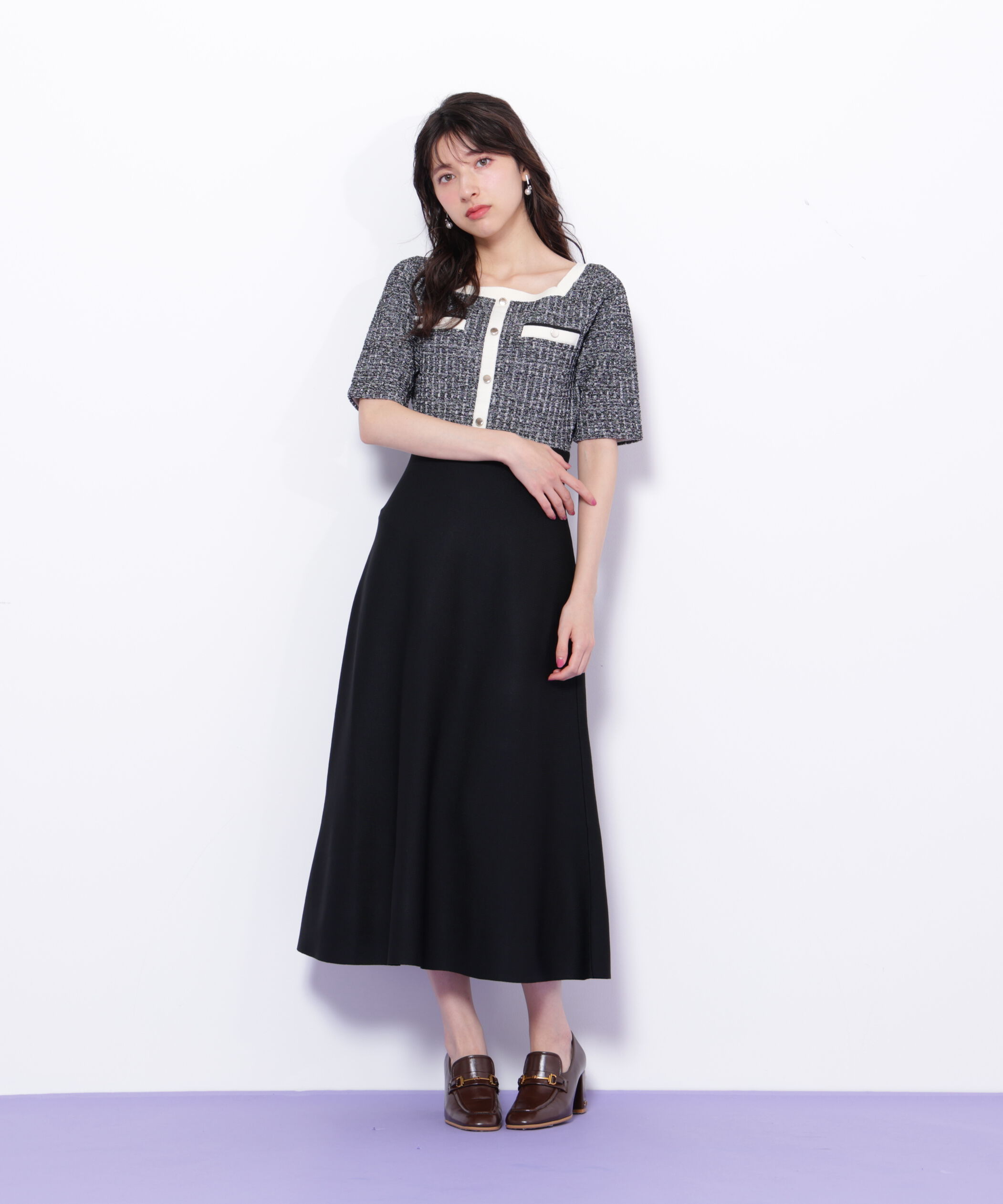  「ミックスツイード切替ニットワンピース」|ワンピース|