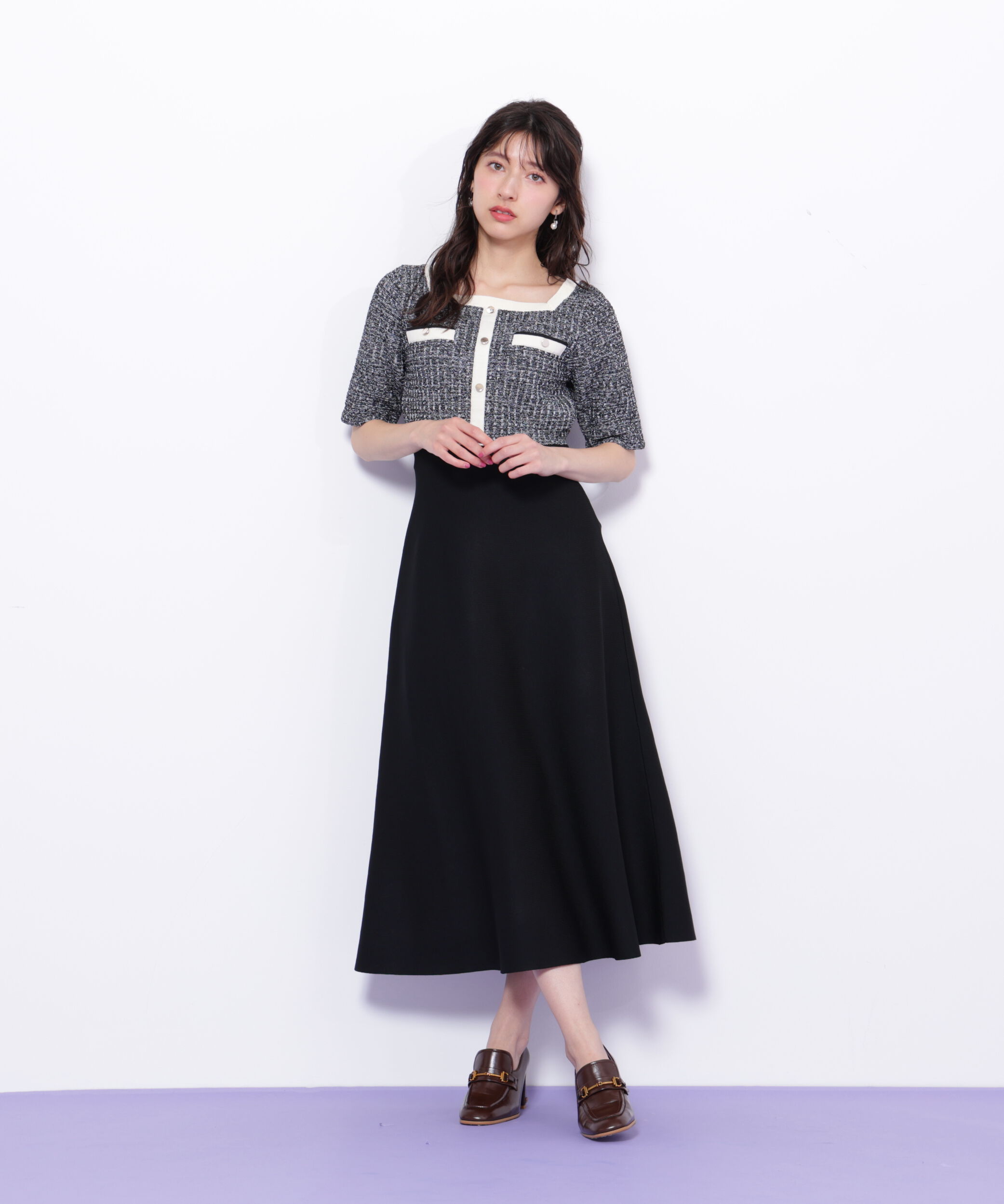  「ミックスツイード切替ニットワンピース」|ワンピース|