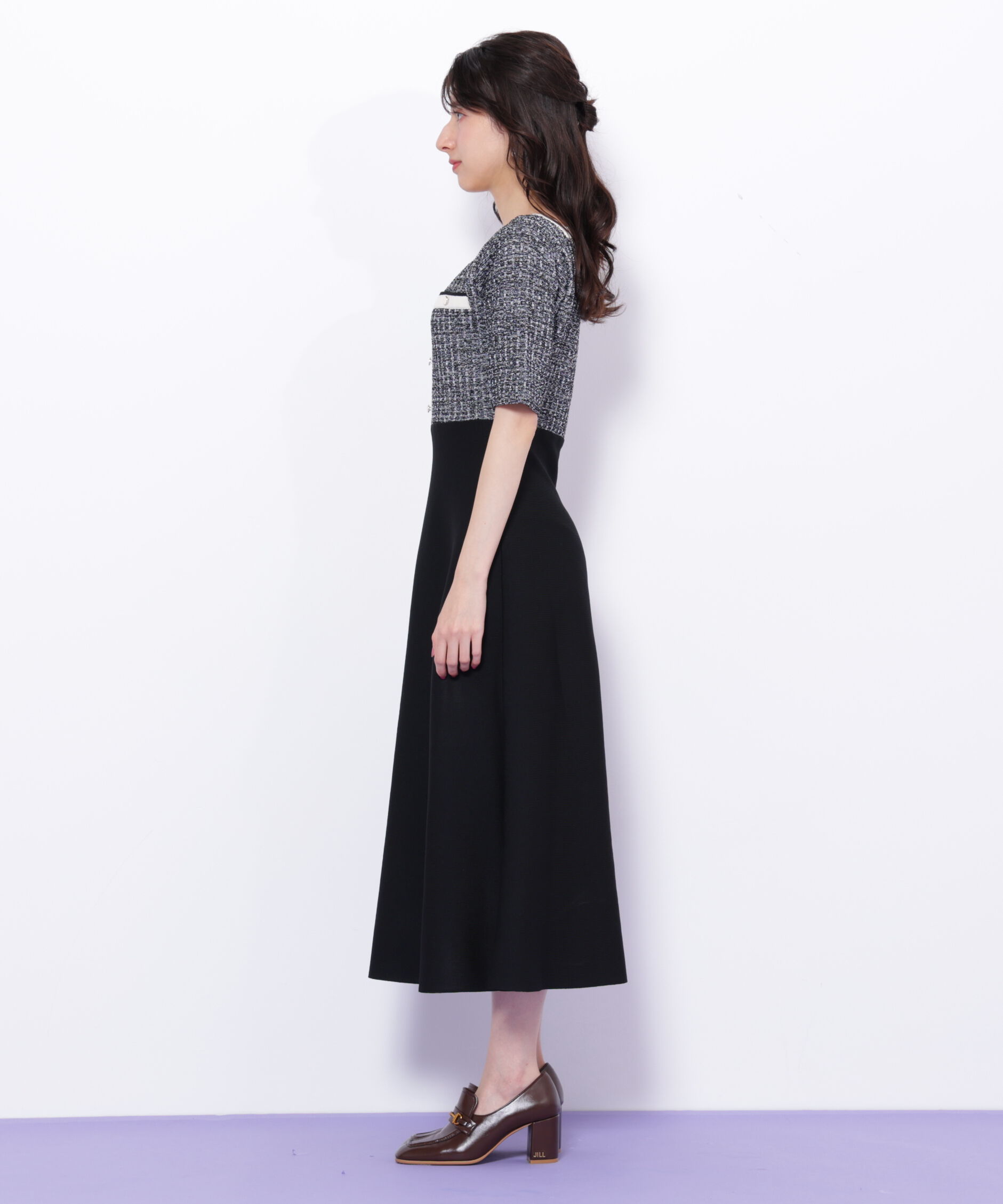  「ミックスツイード切替ニットワンピース」|ワンピース|