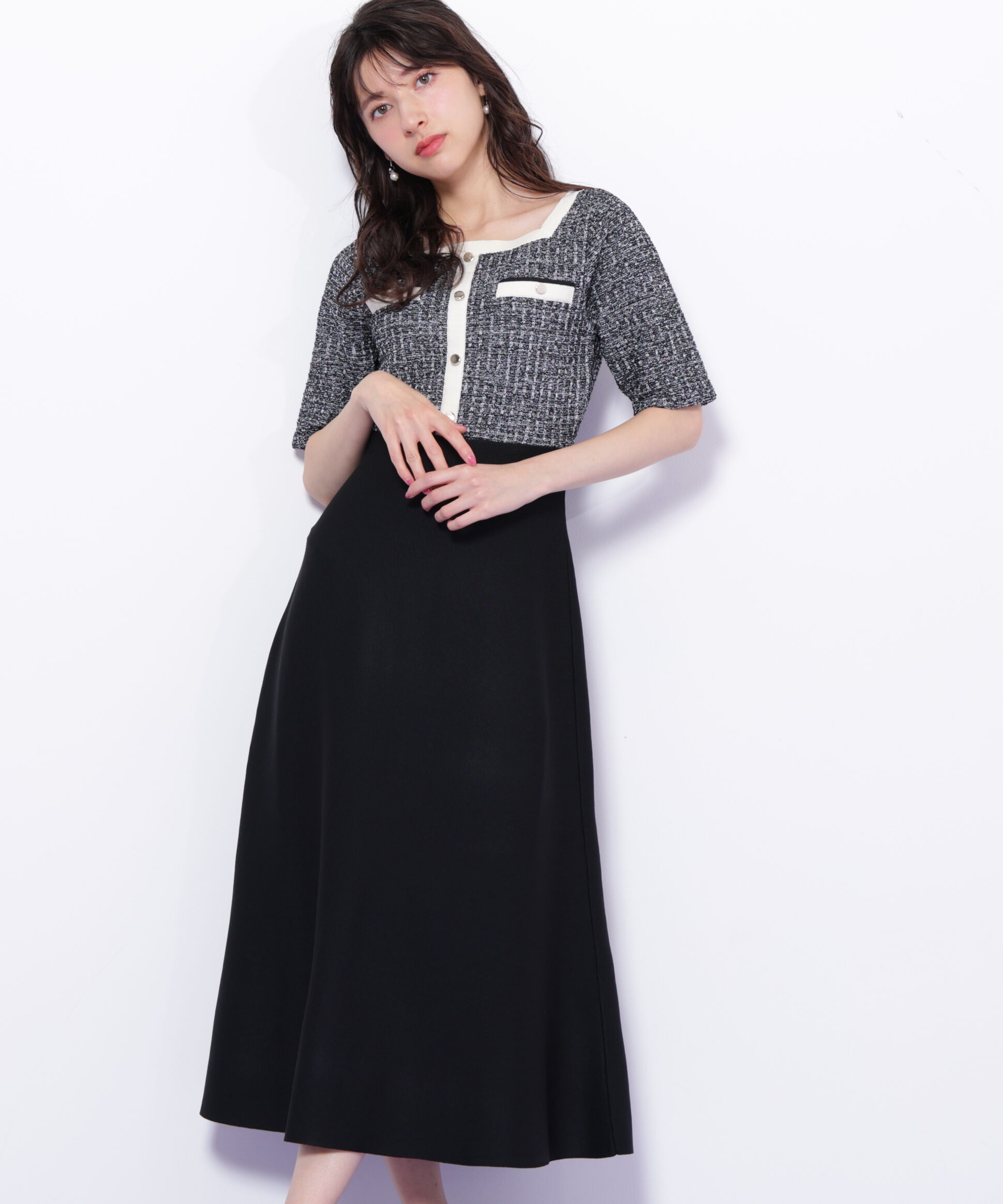  「ミックスツイード切替ニットワンピース」|ワンピース|