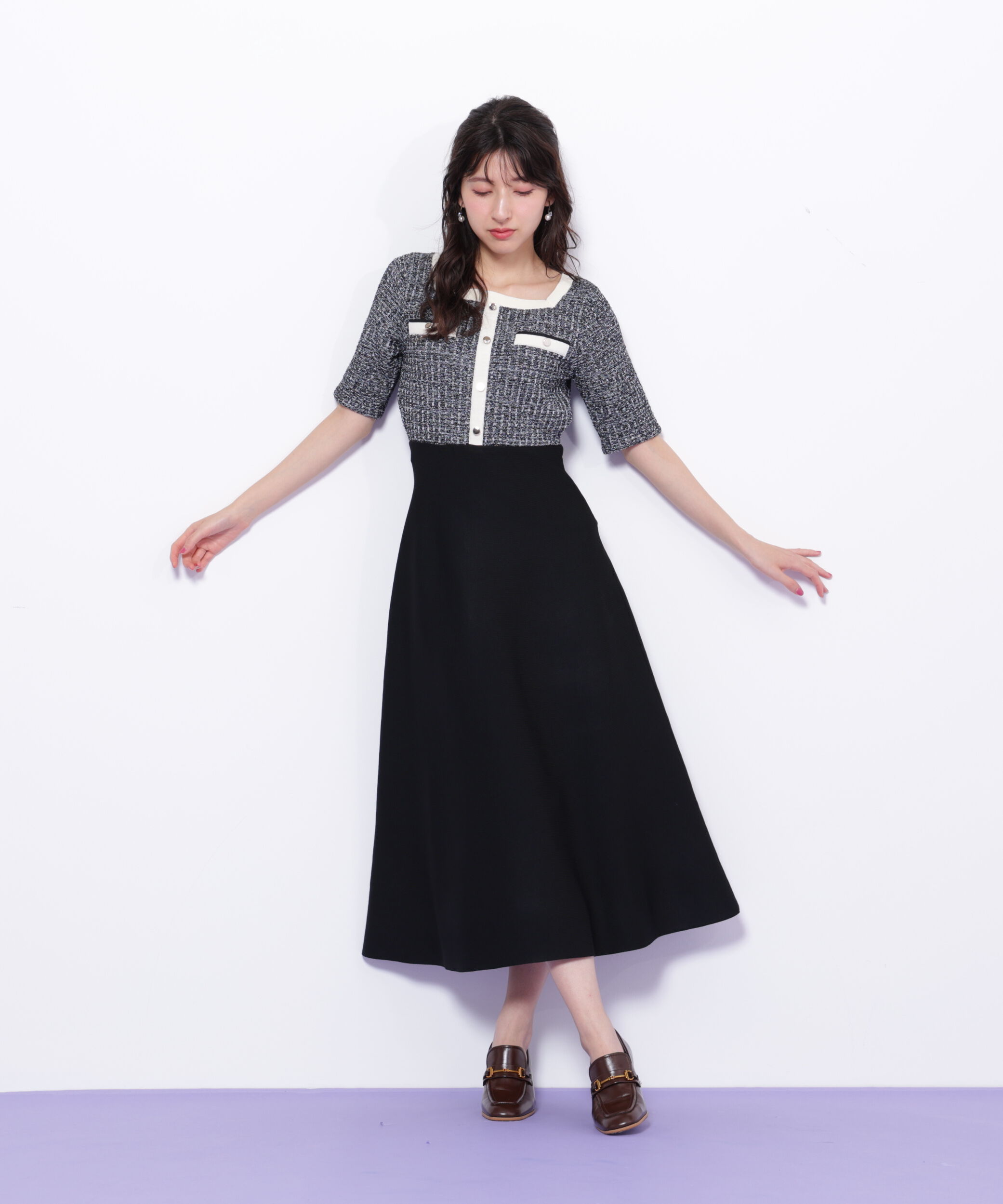  「ミックスツイード切替ニットワンピース」|ワンピース|