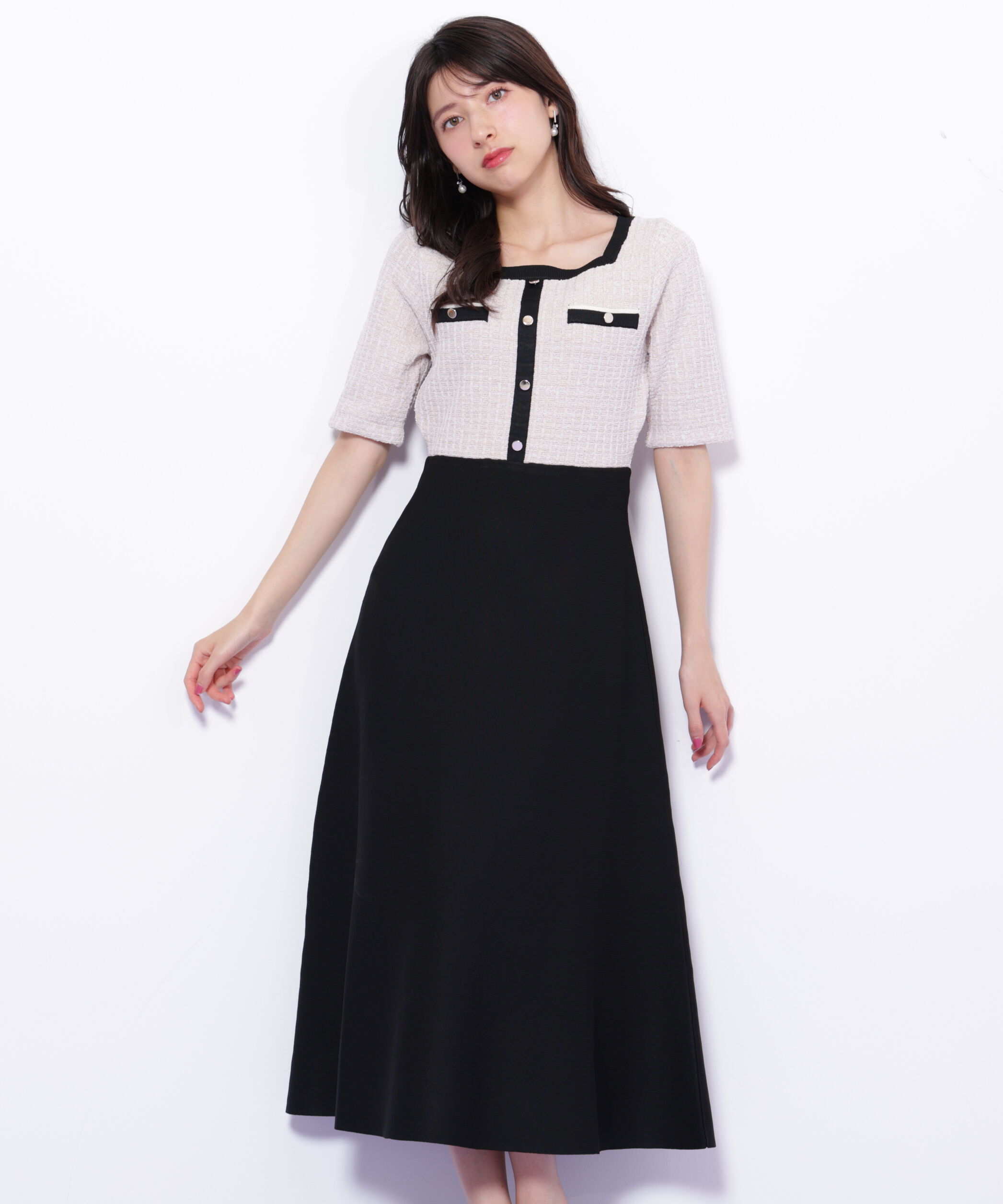  「ミックスツイード切替ニットワンピース」|ワンピース|ピンク