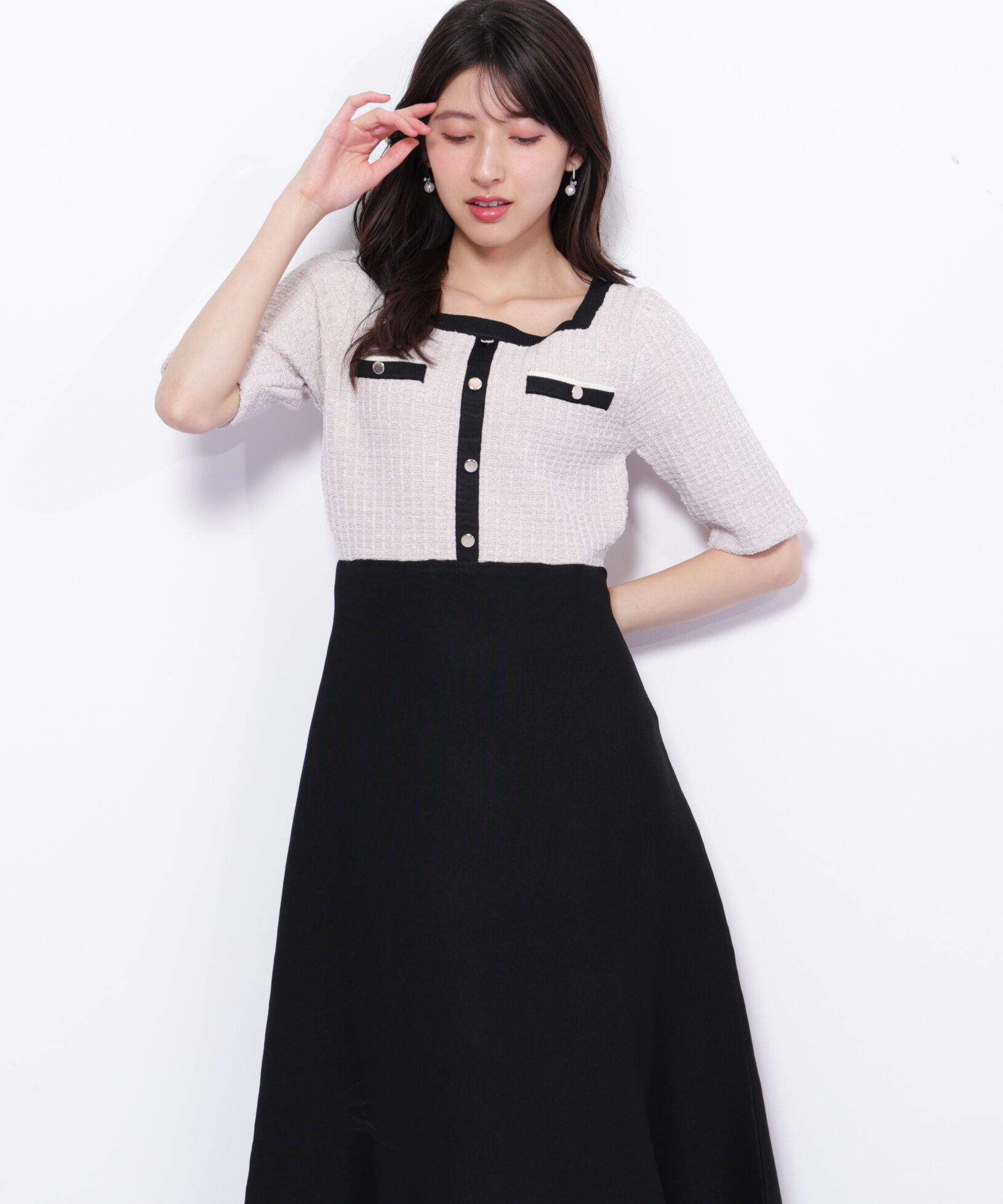  「ミックスツイード切替ニットワンピース」|ワンピース|