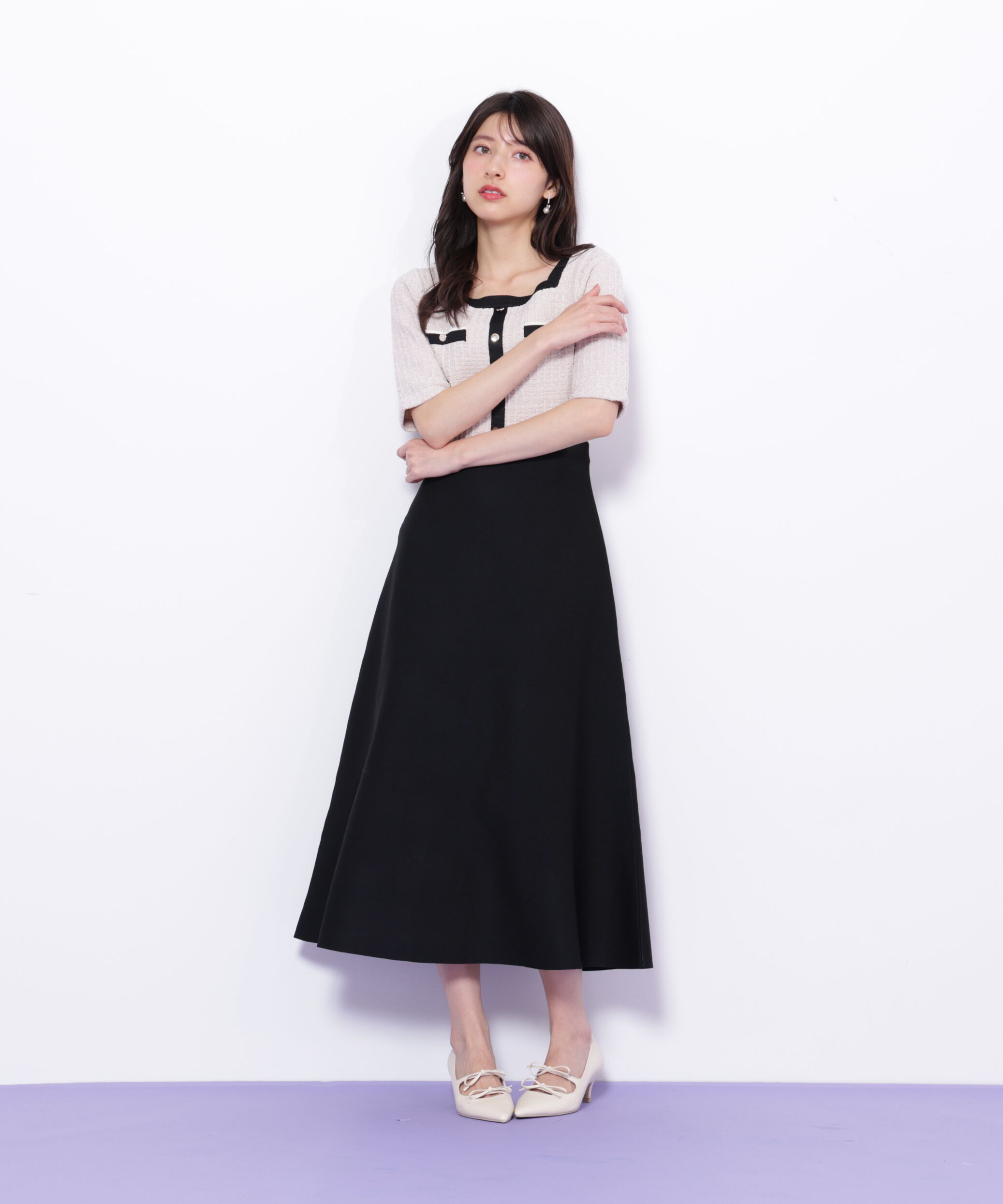  「ミックスツイード切替ニットワンピース」|ワンピース|