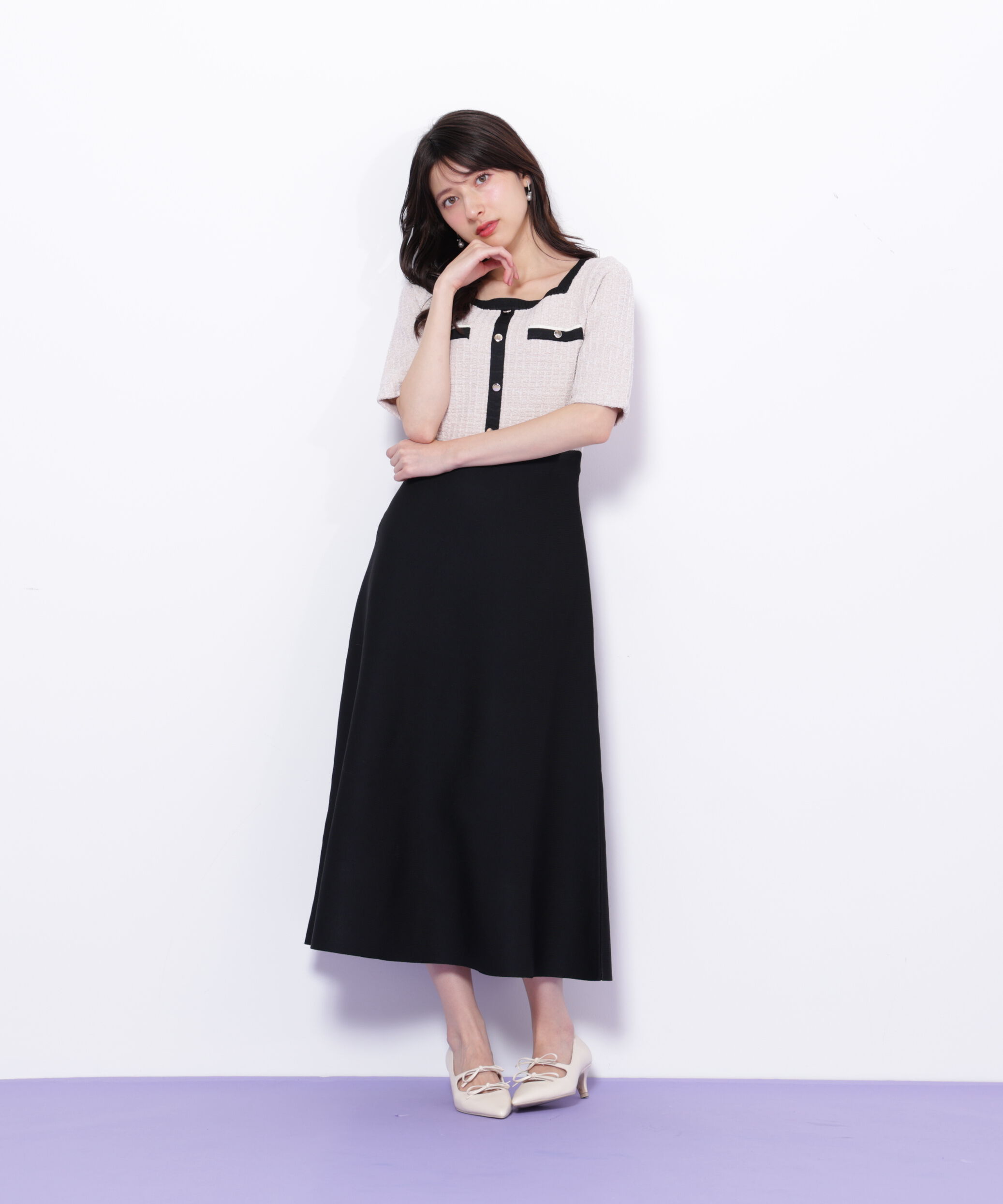  「ミックスツイード切替ニットワンピース」|ワンピース|