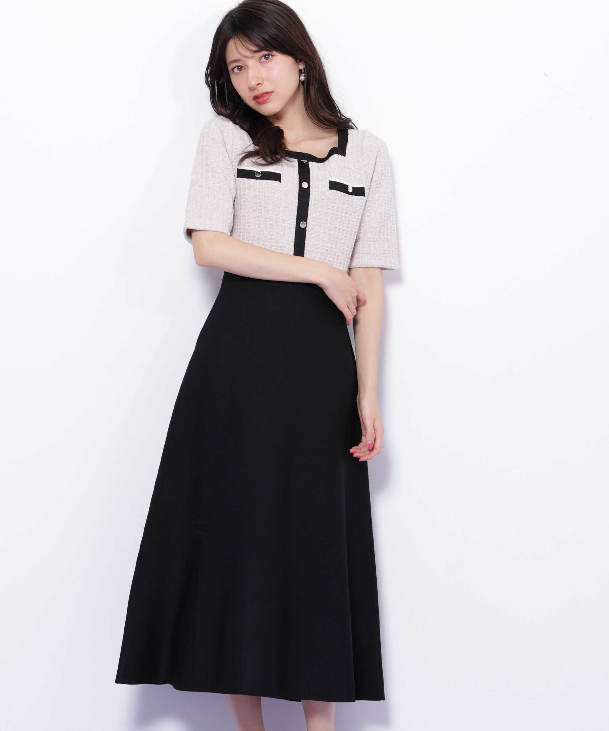  「ミックスツイード切替ニットワンピース」|ワンピース|