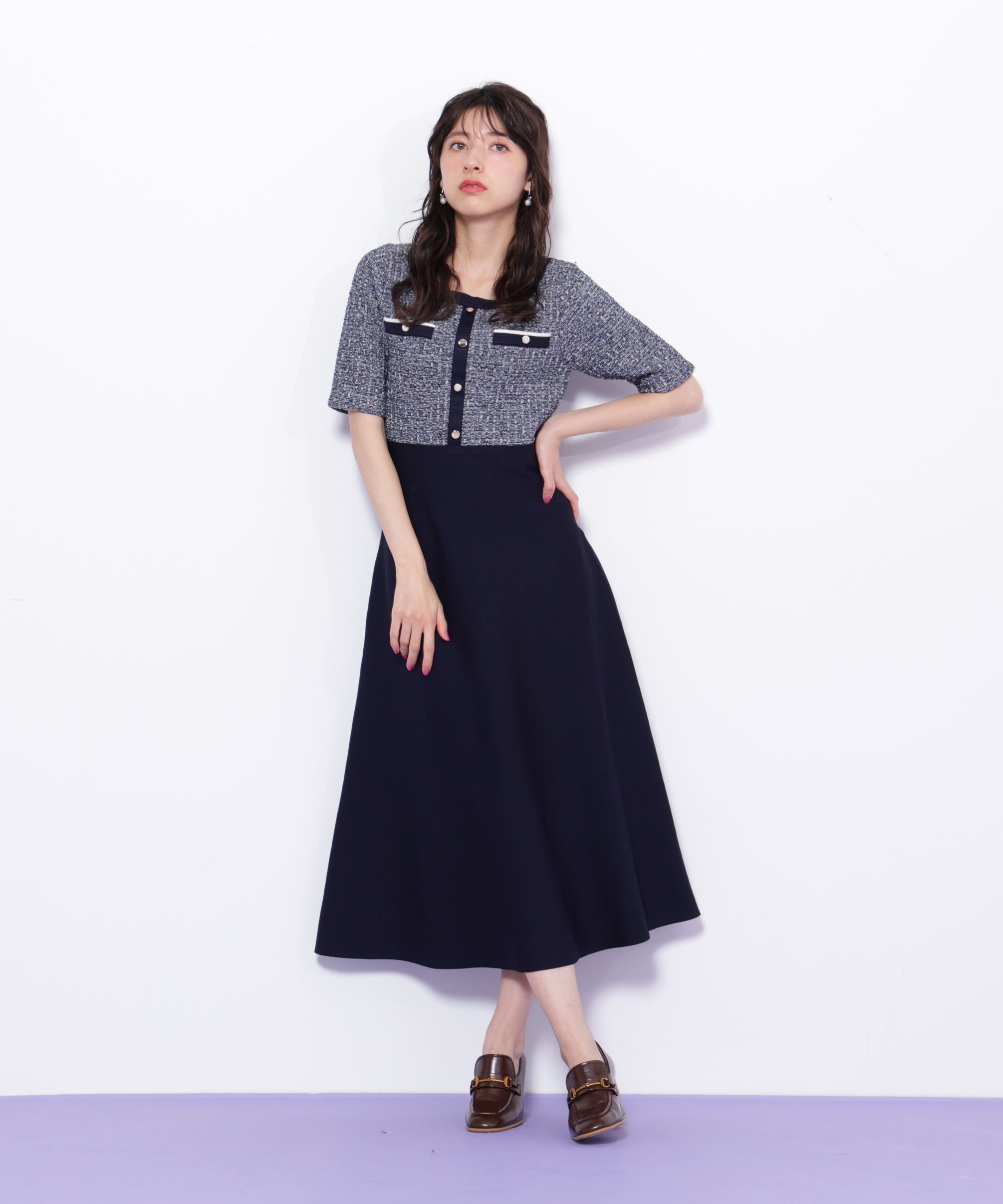  「ミックスツイード切替ニットワンピース」|ワンピース|