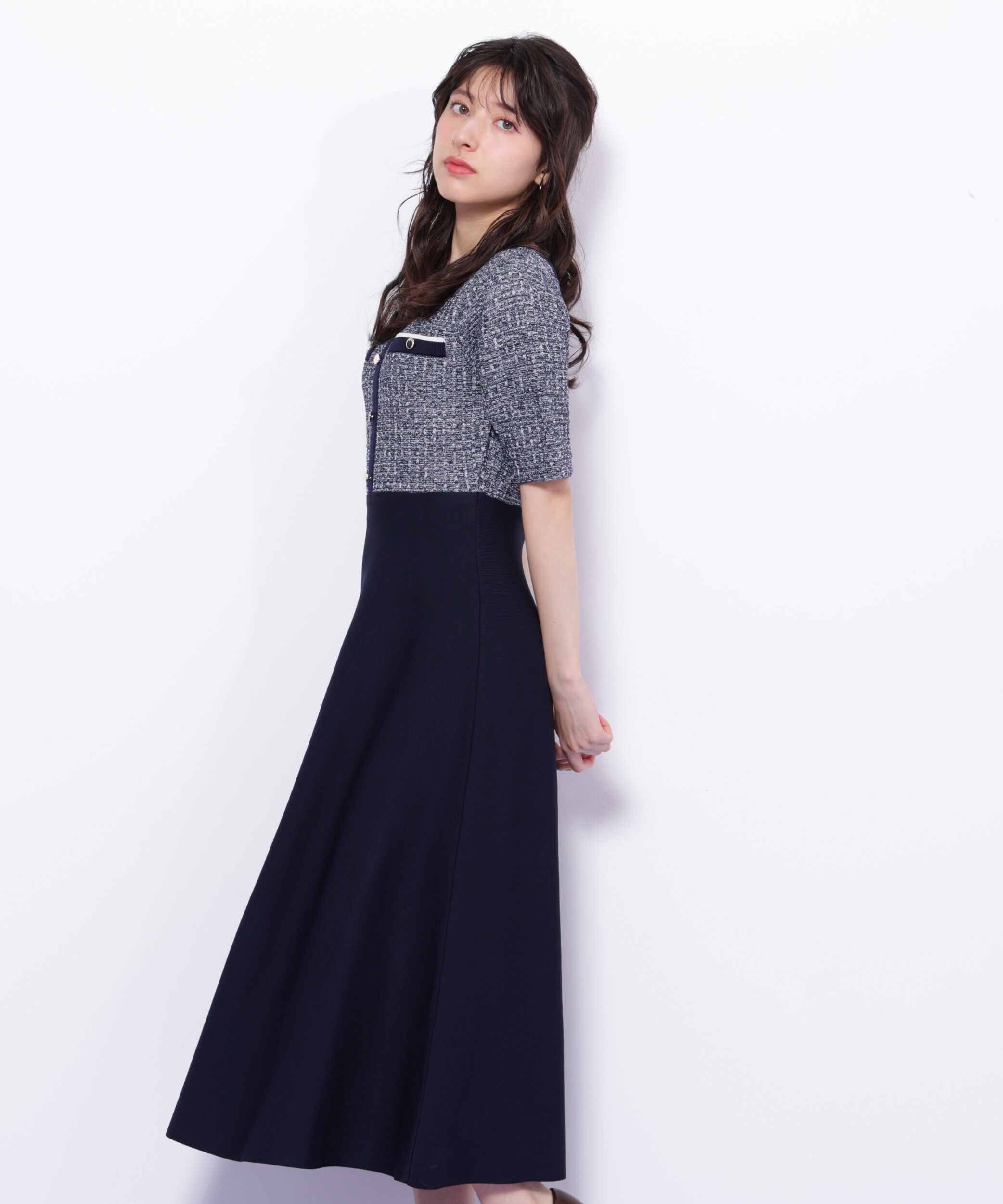  「ミックスツイード切替ニットワンピース」|ワンピース|