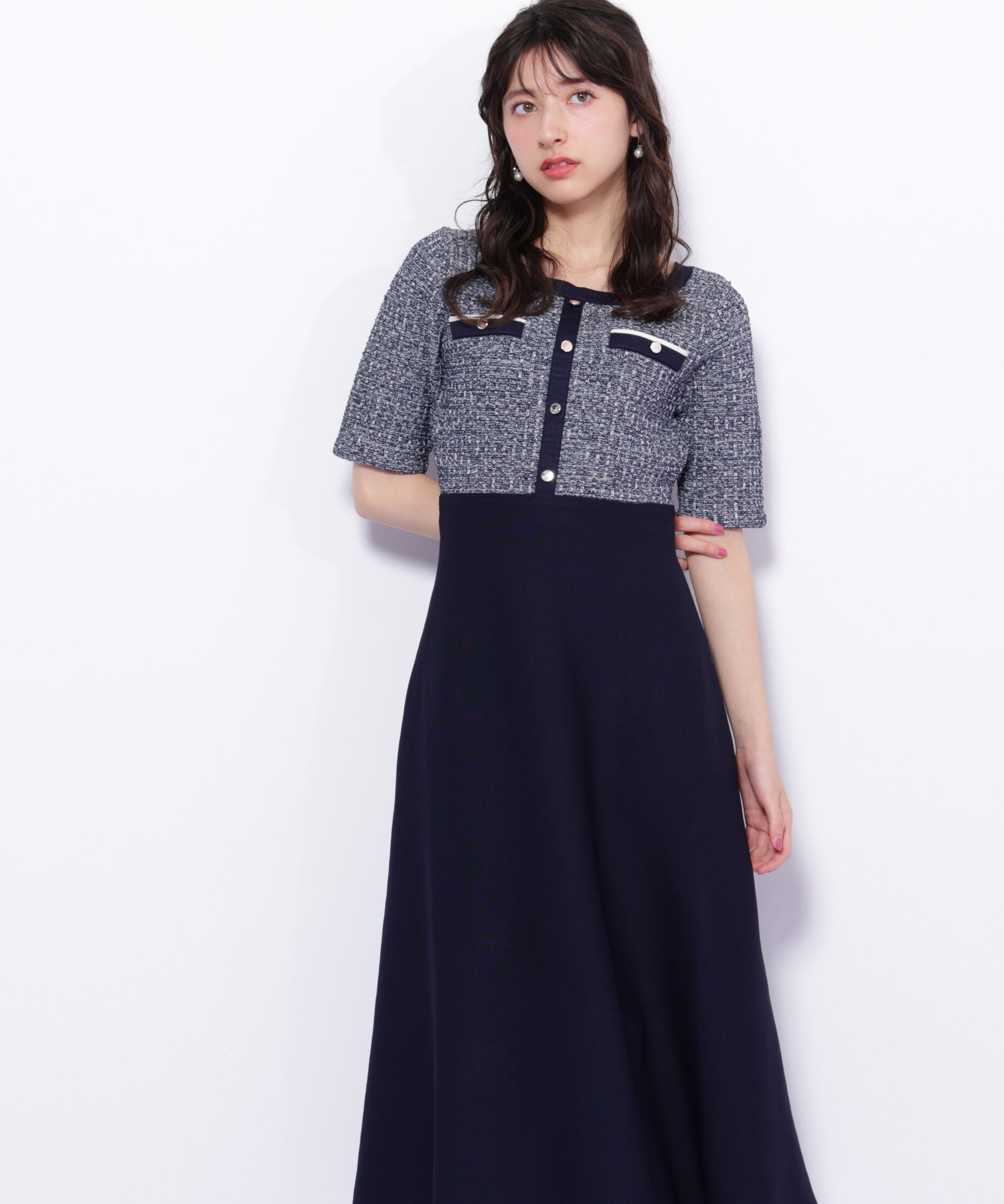  「ミックスツイード切替ニットワンピース」|ワンピース|