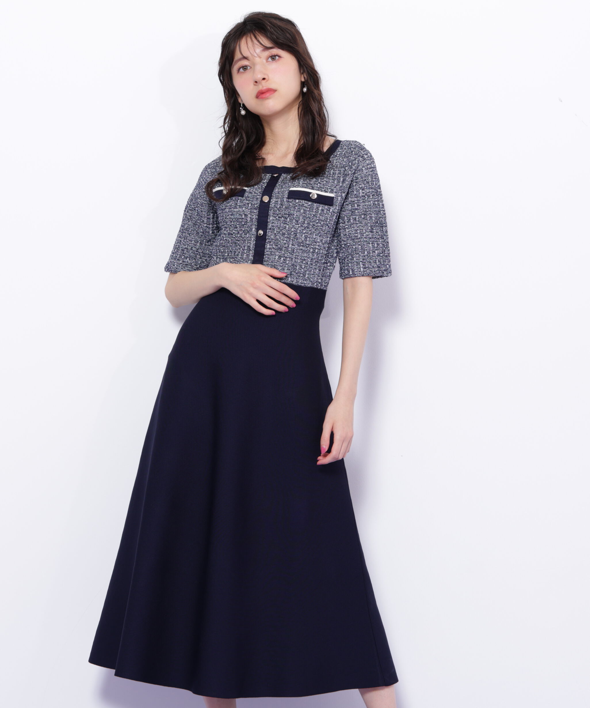  「ミックスツイード切替ニットワンピース」|ワンピース|