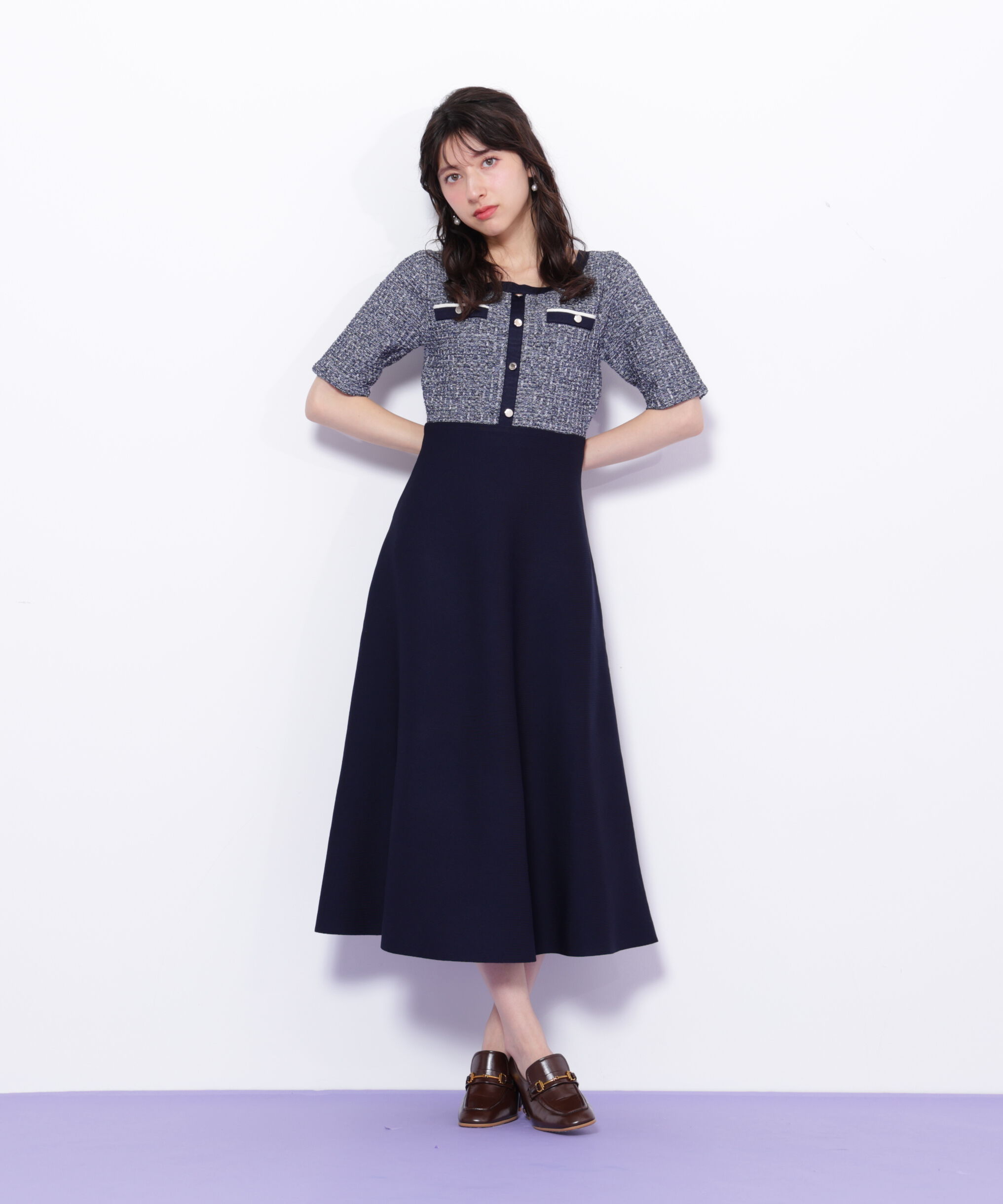  「ミックスツイード切替ニットワンピース」|ワンピース|