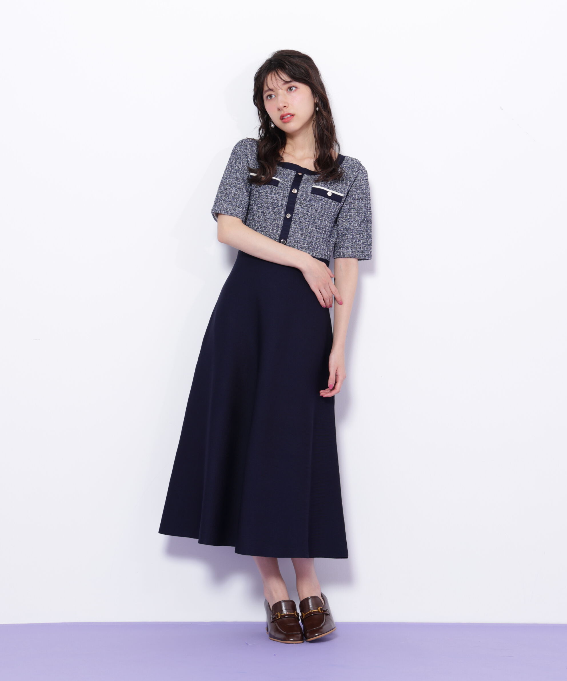  「ミックスツイード切替ニットワンピース」|ワンピース|