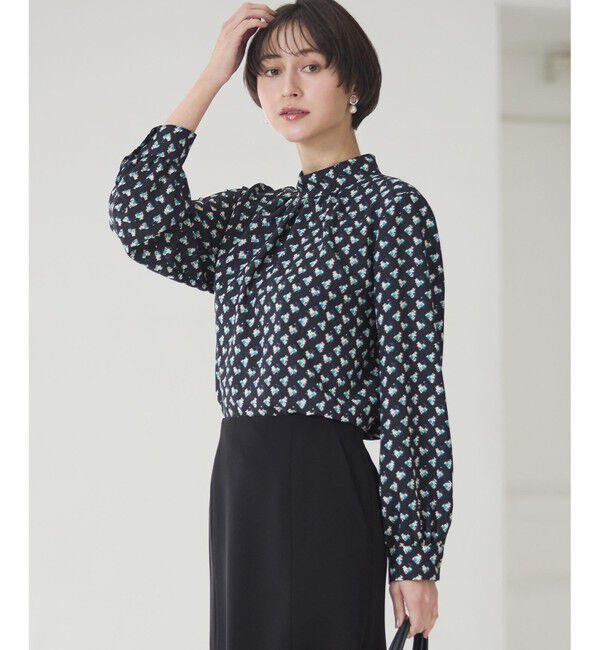 23区「モダンアートプリントギャザーブラウス」|シャツ・ブラウス|ネイビー系