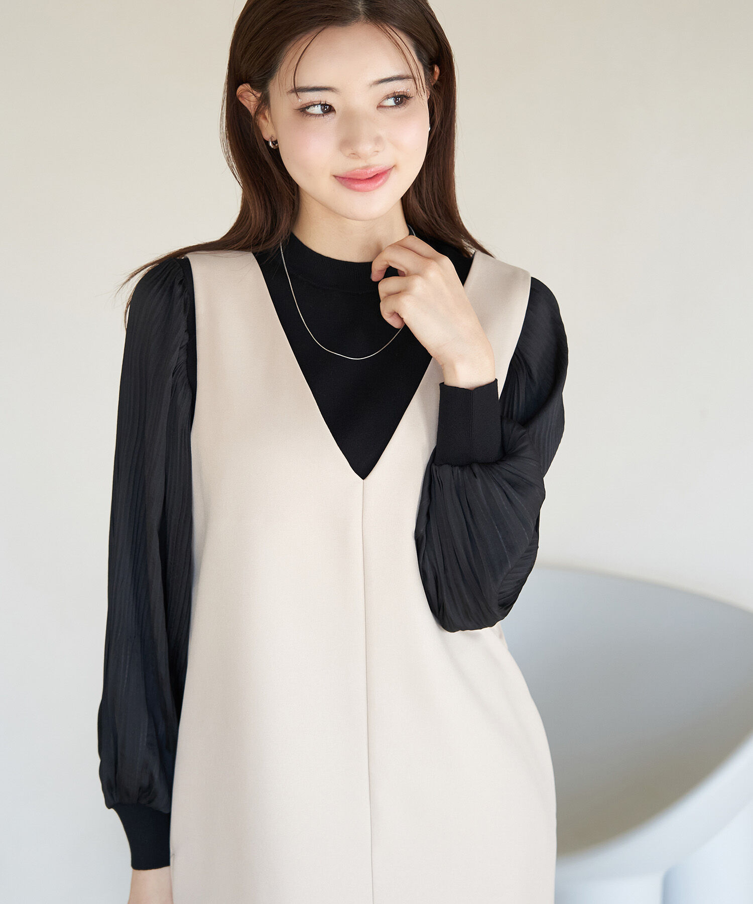 Rope&rsquo;Picnic「袖プリ－ツ異素材ニットプルオーバー/リンクコーデ」|ニット・セーター|ブラック(01)