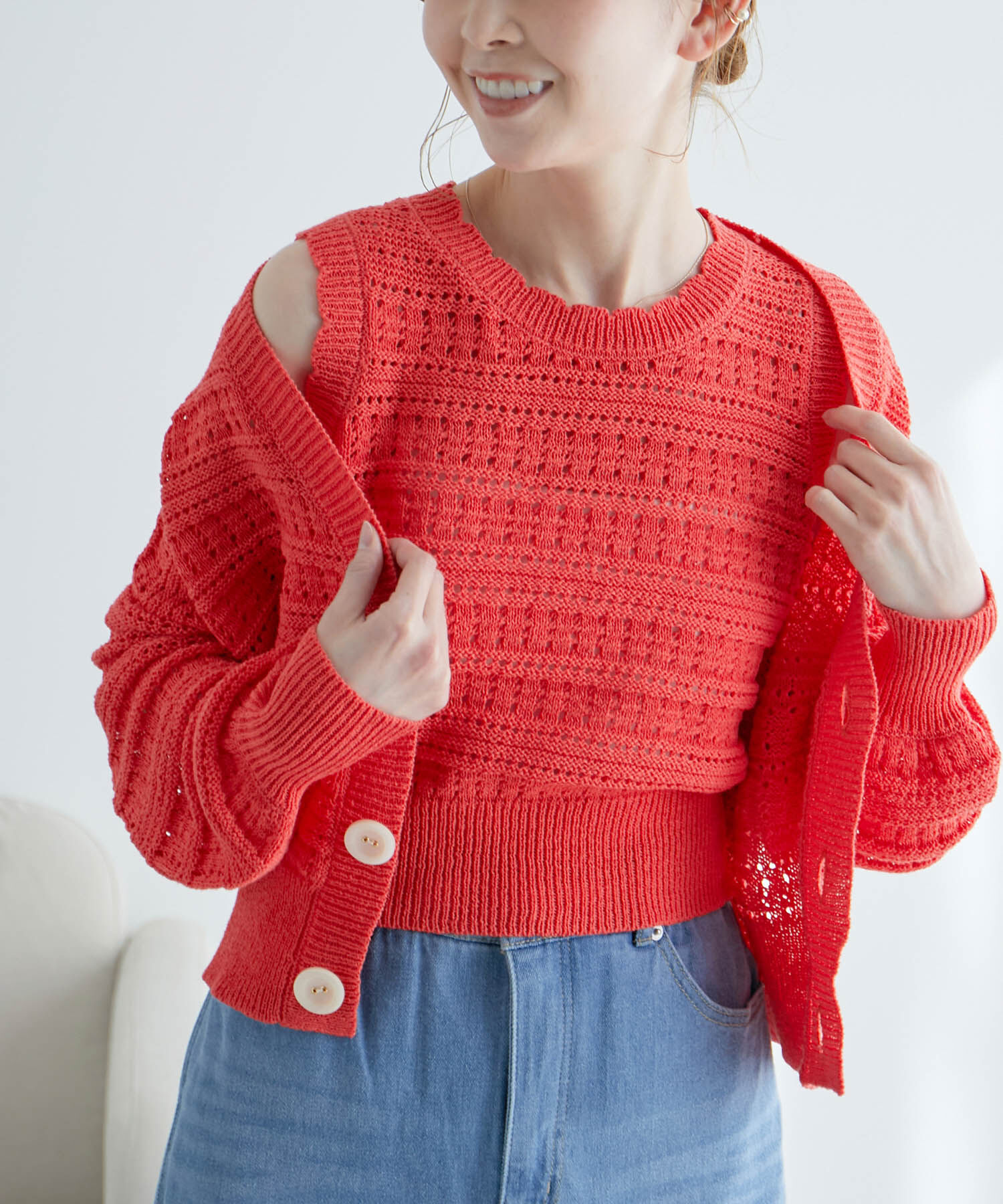 Rope&rsquo;Picnic「セットアップ対応/透かし編みテープヤーンクロップドニットプルオーバー」|ニット・セーター|