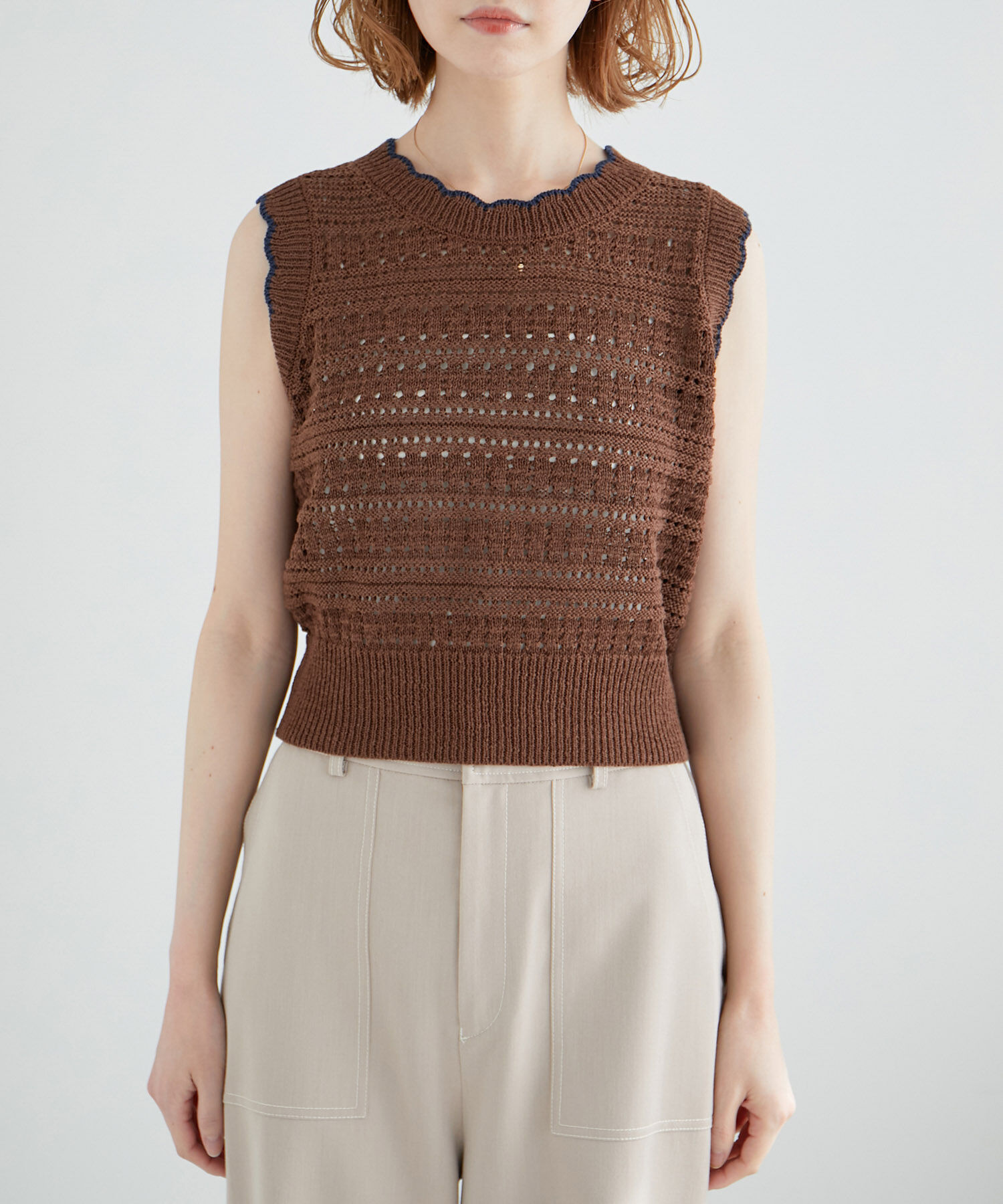 Rope&rsquo;Picnic「セットアップ対応/透かし編みテープヤーンクロップドニットプルオーバー」|ニット・セーター|