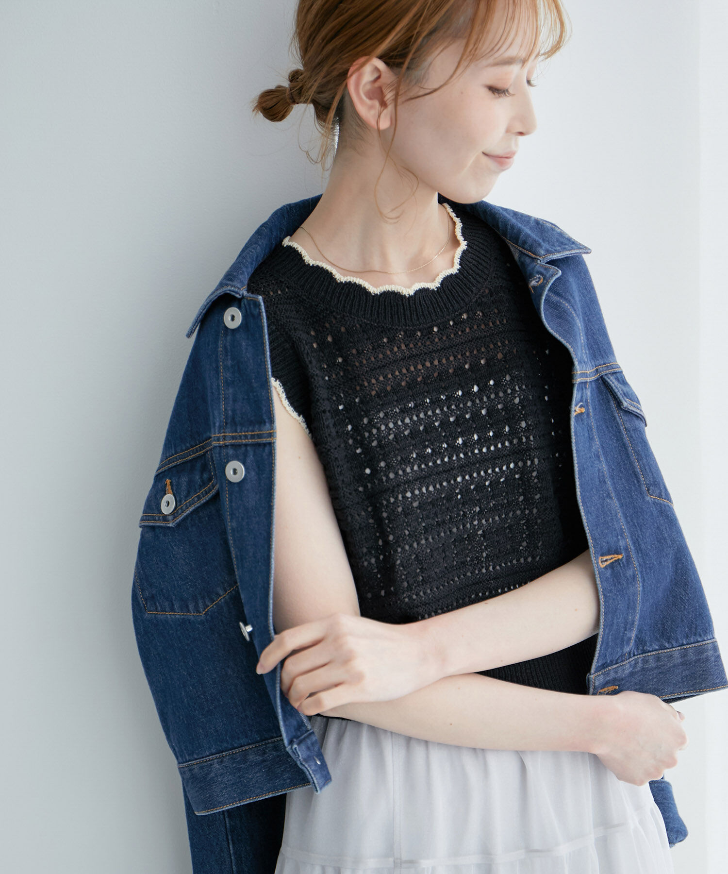 Rope&rsquo;Picnic「セットアップ対応/透かし編みテープヤーンクロップドニットプルオーバー」|ニット・セーター|