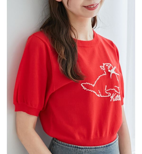 MAJESTICLEGON「キャットジャカード半袖ニット」|ニット・セーター|レッド