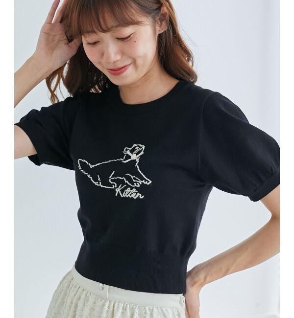 MAJESTICLEGON「キャットジャカード半袖ニット」|ニット・セーター|ブラック