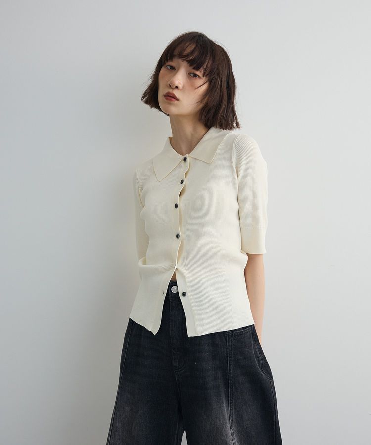 AnriettMusee「ポロ襟5分袖リブニット」|ニット・セーター|Off White