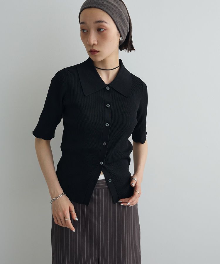 AnriettMusee「ポロ襟5分袖リブニット」|ニット・セーター|Black
