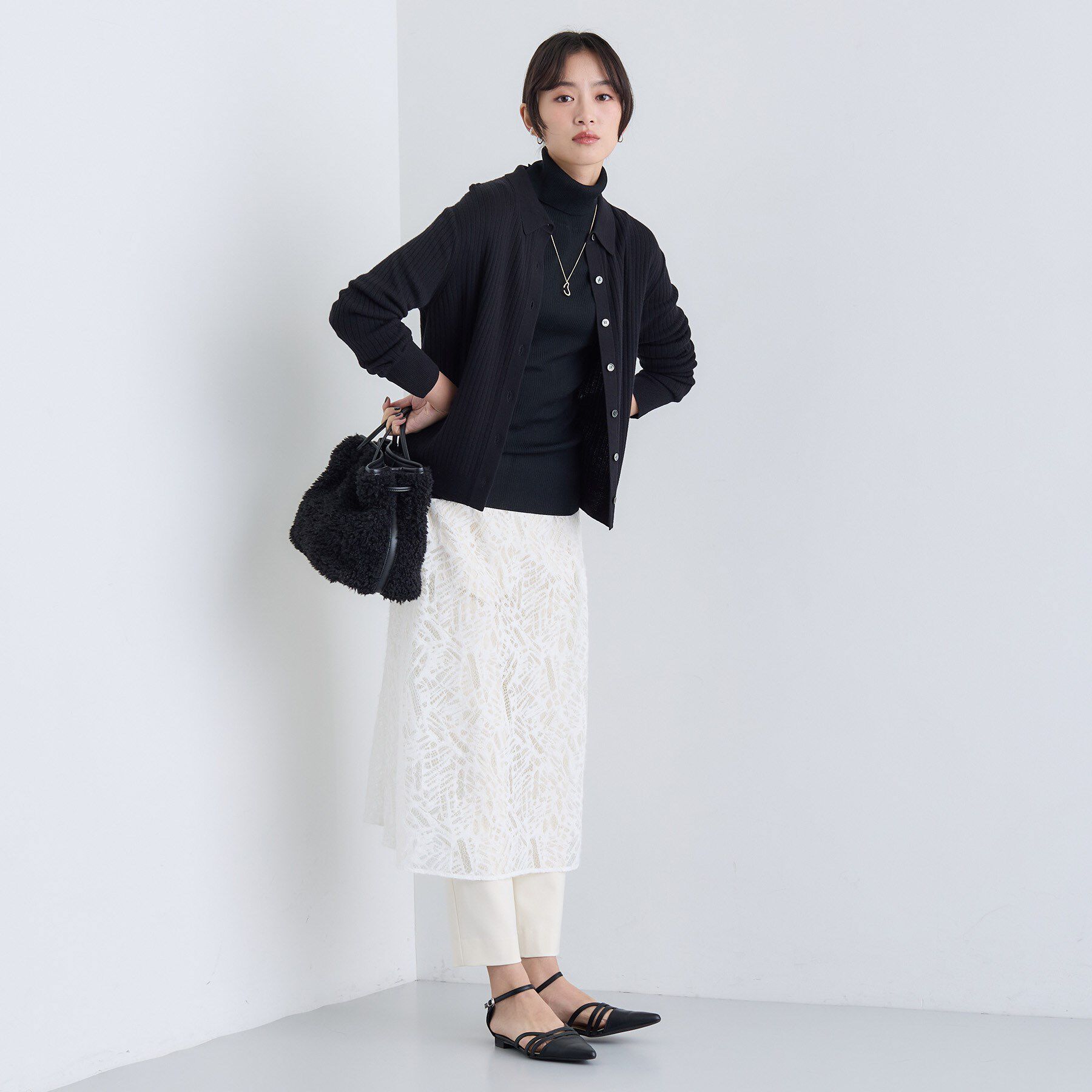 INDIVI「【トレンド】衿付きワイドリブニット」|カーディガン|