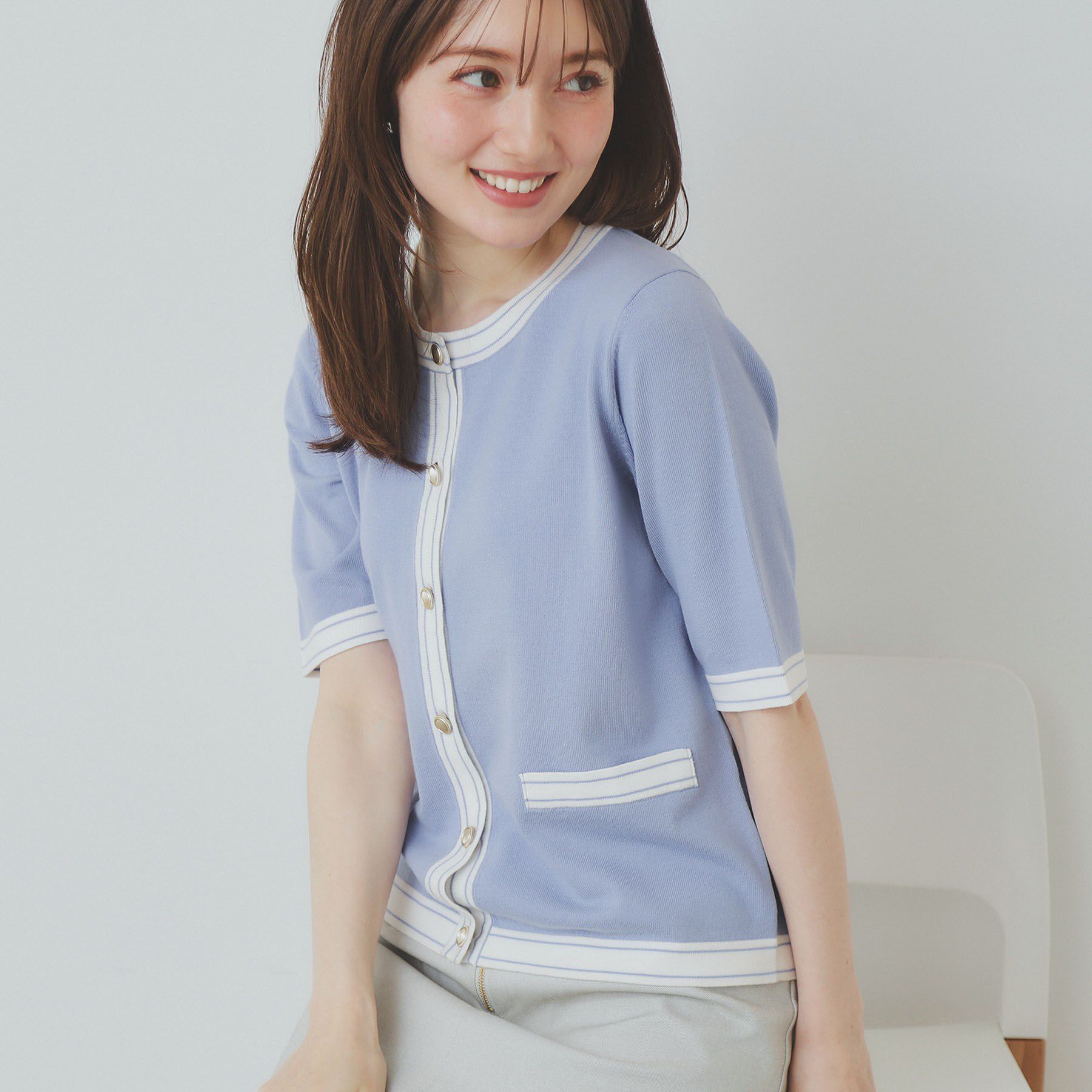 index「バイカラークルーネックカーディガン/オーガニックコットン混【UV/洗濯機洗い可】」|カーディガン|ブルー(591)