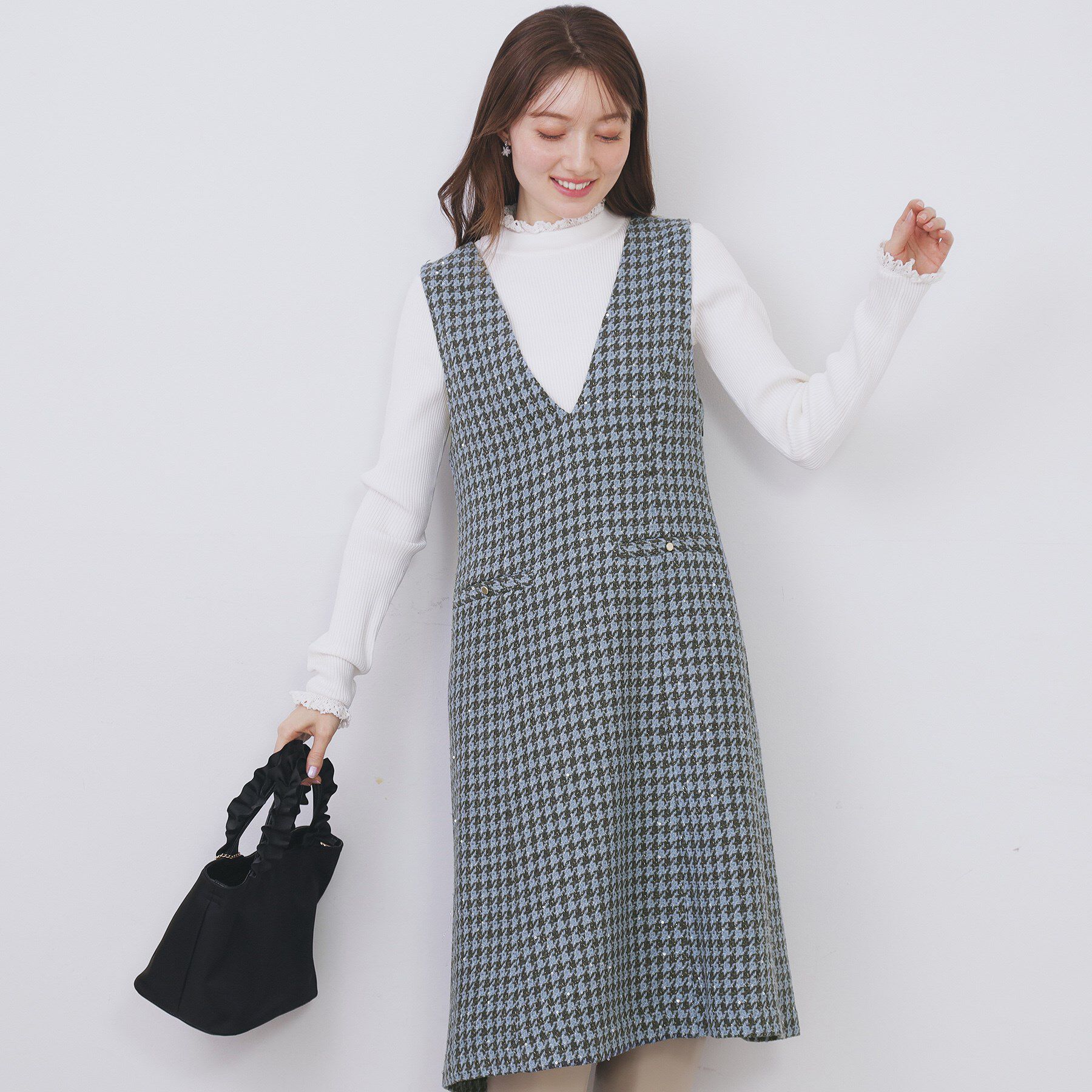 index「ラメスパンコール千鳥柄ジャンスカ【洗濯機OK/イージーアイロン】」|ワンピース|ブルー(292)