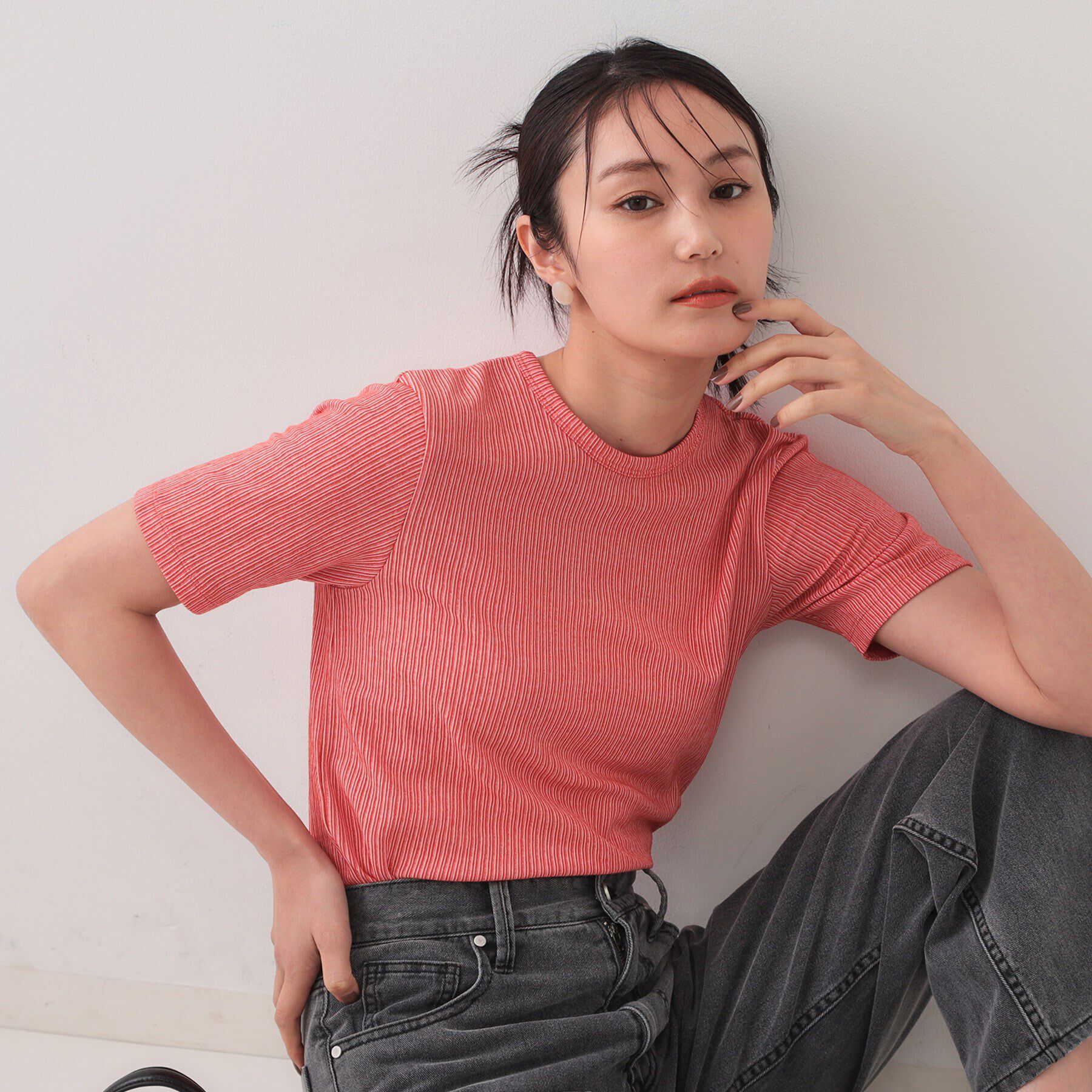 OPAQUE.CLIP「ストライプリブカットソー【洗濯機洗い可】」|Tシャツ・カットソー|レッド(162)