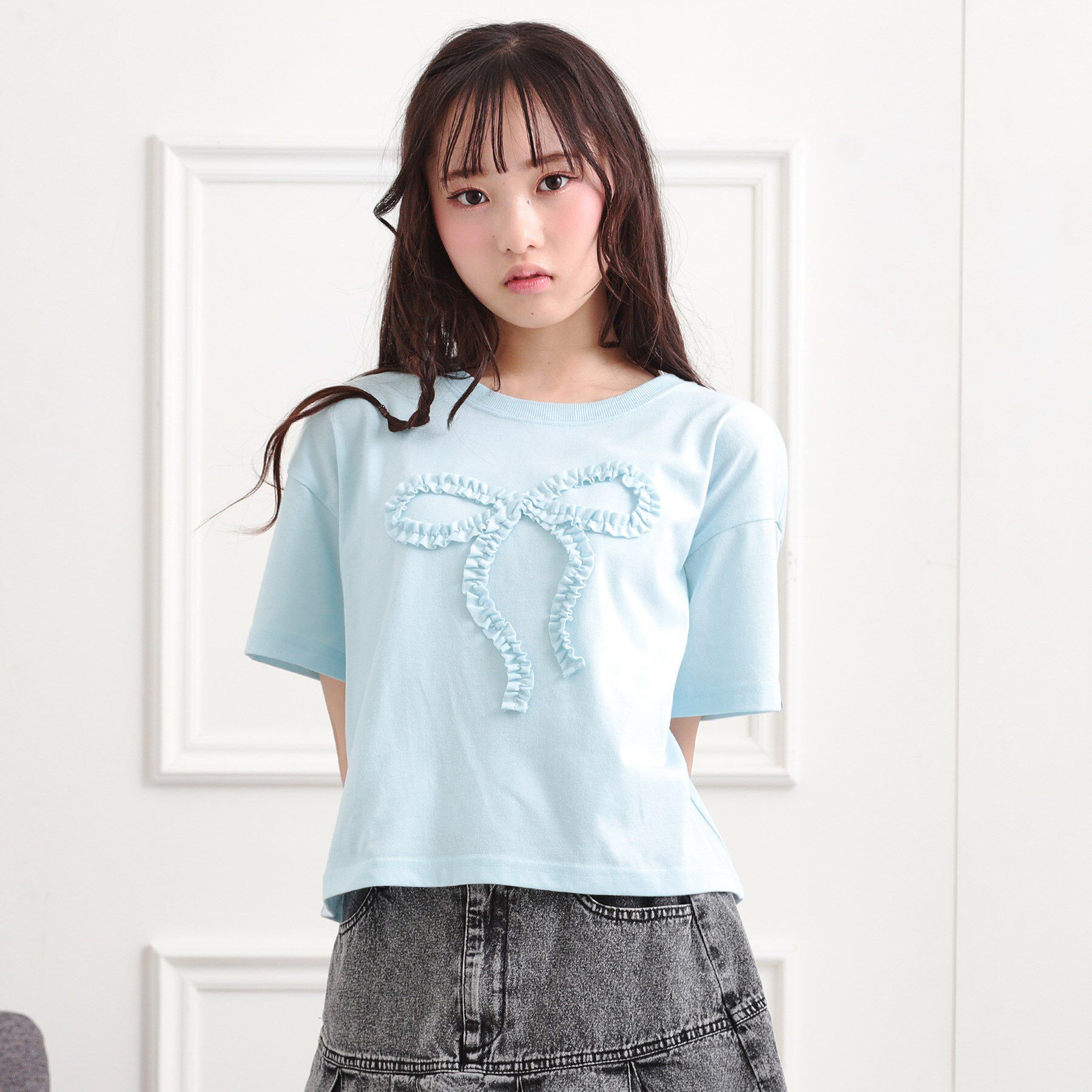 PINK-latte「フリルリボンTシャツ」|Tシャツ・カットソー|ブルー(091)