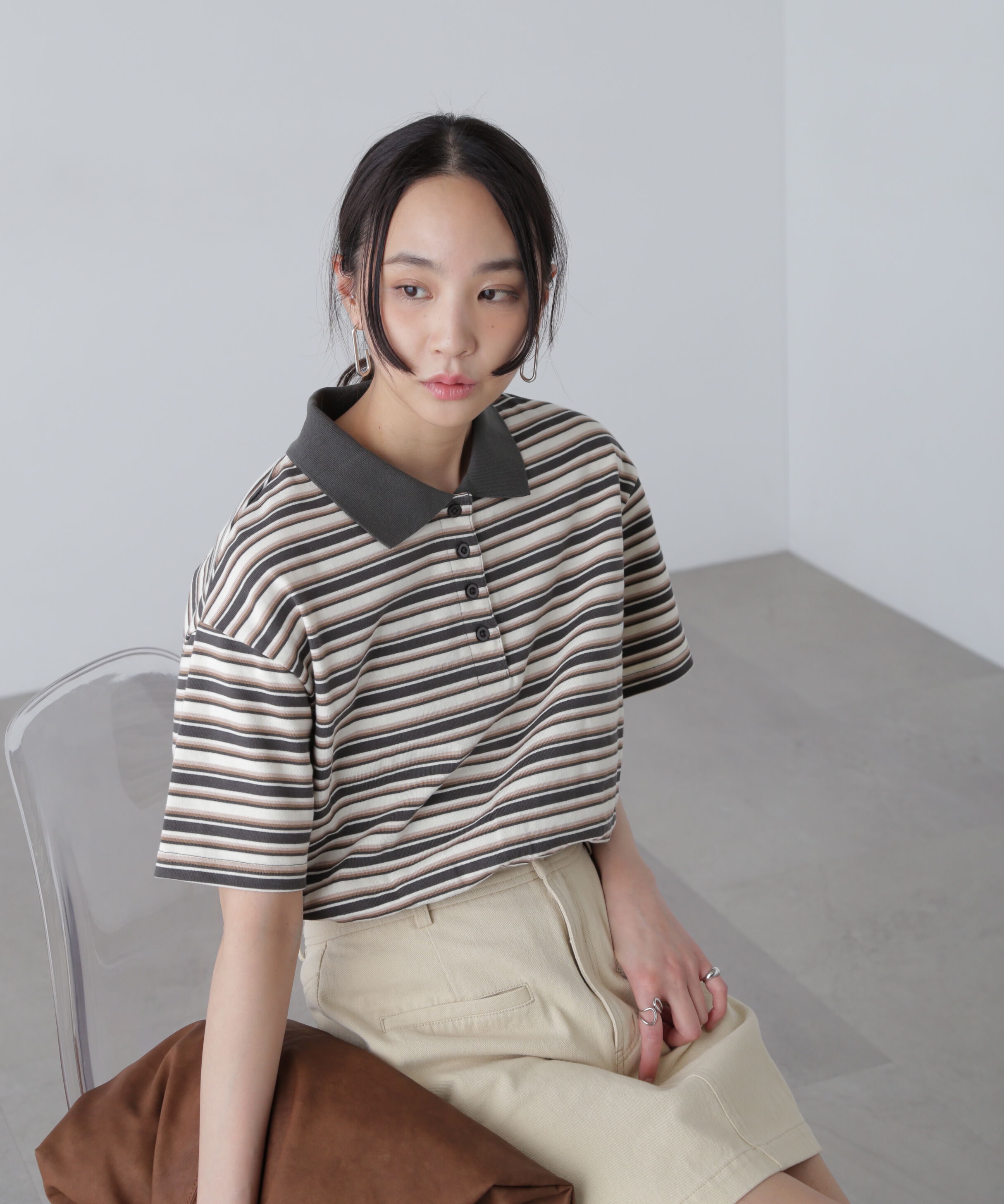  「ボーダーポロクロップドトップス」|Tシャツ・カットソー|