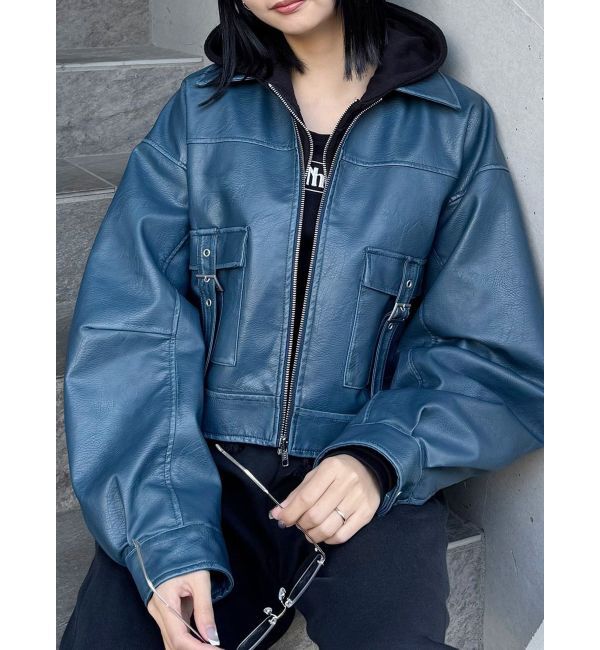 MURUA「ウォッシュフェイクレザーブルゾン」|ブルゾン・スタジャン|ブルー