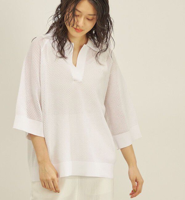 SHIPS for women「〈洗濯機可能〉綿 編地 コンビ メッシュ ポロ◇」|ニット・セーター|ホワイト系
