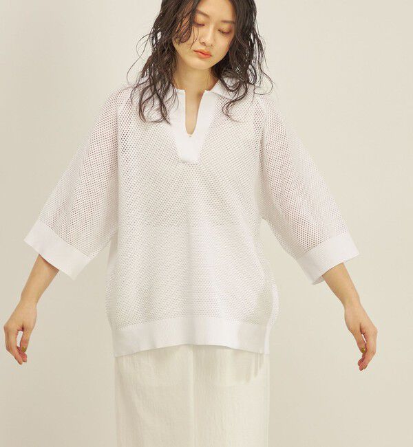 SHIPS for women「〈洗濯機可能〉綿 編地 コンビ メッシュ ポロ◇」|ニット・セーター|