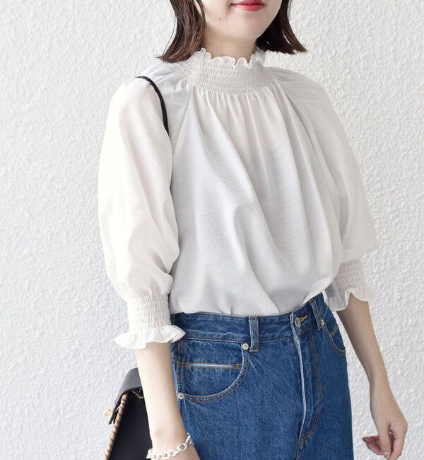 SHIPS for women「〈洗濯機可能〉シアー シャーリング ネック 5分袖 ブラウス」|シャツ・ブラウス|