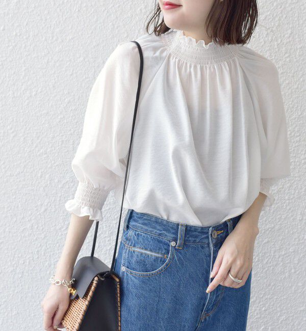 SHIPS for women「〈洗濯機可能〉シアー シャーリング ネック 5分袖 ブラウス」|シャツ・ブラウス|